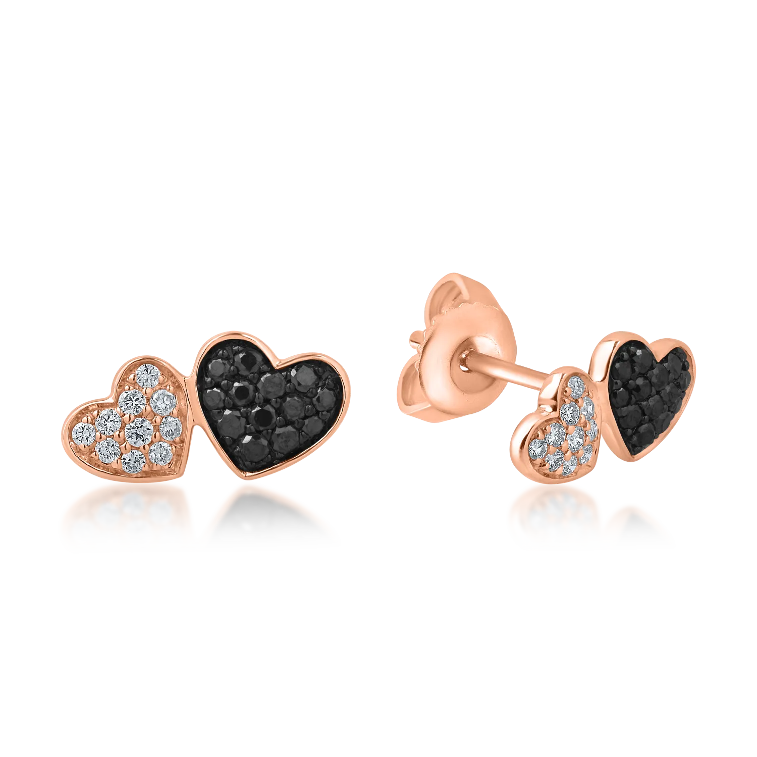 Rose gold heart earrings with 0.13ct black diamonds and 0.07ct clear diamonds