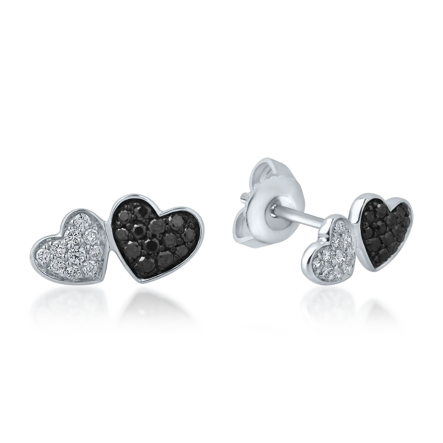 White gold heart earrings with 0.13ct black diamonds and 0.07ct clear diamonds