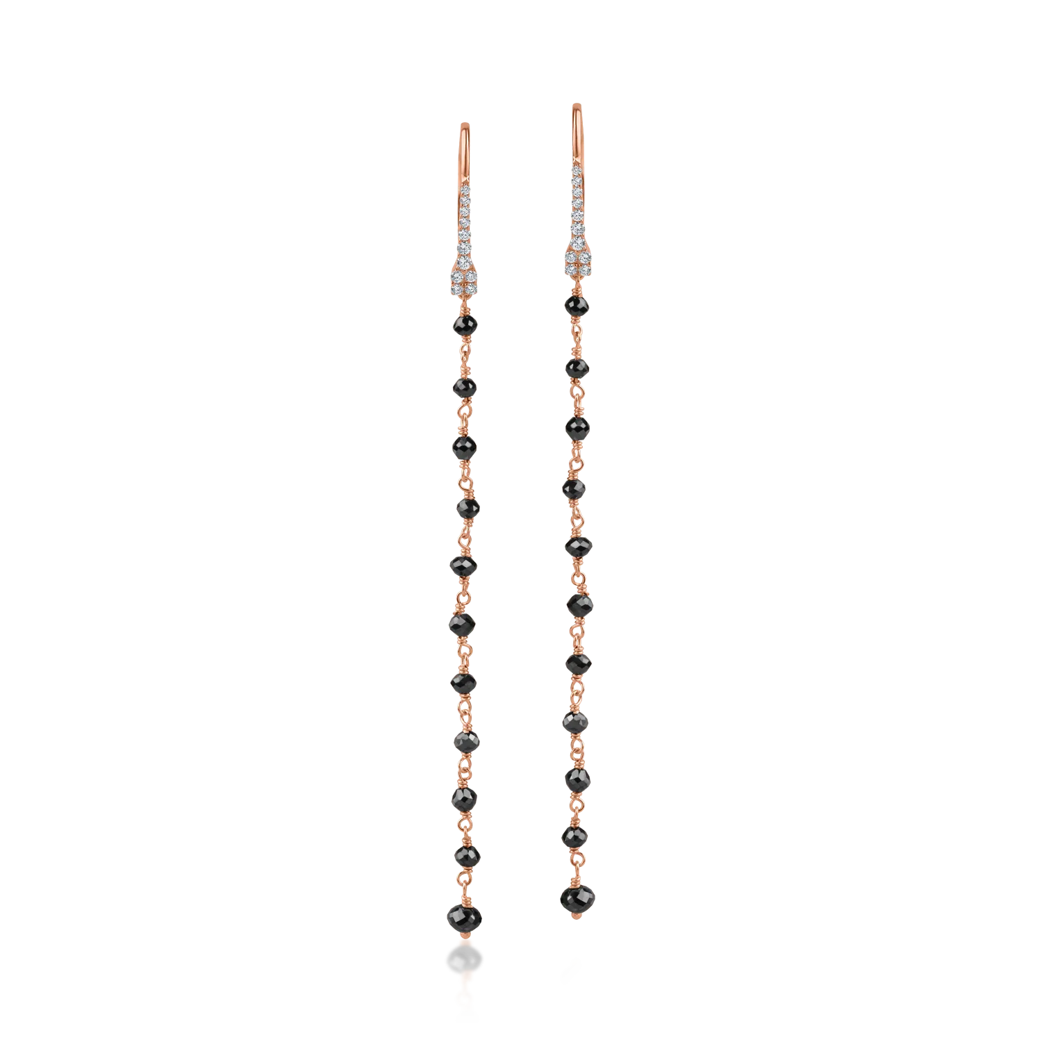Rose gold long earrings with 3.03ct black diamonds and 0.18ct clear diamonds