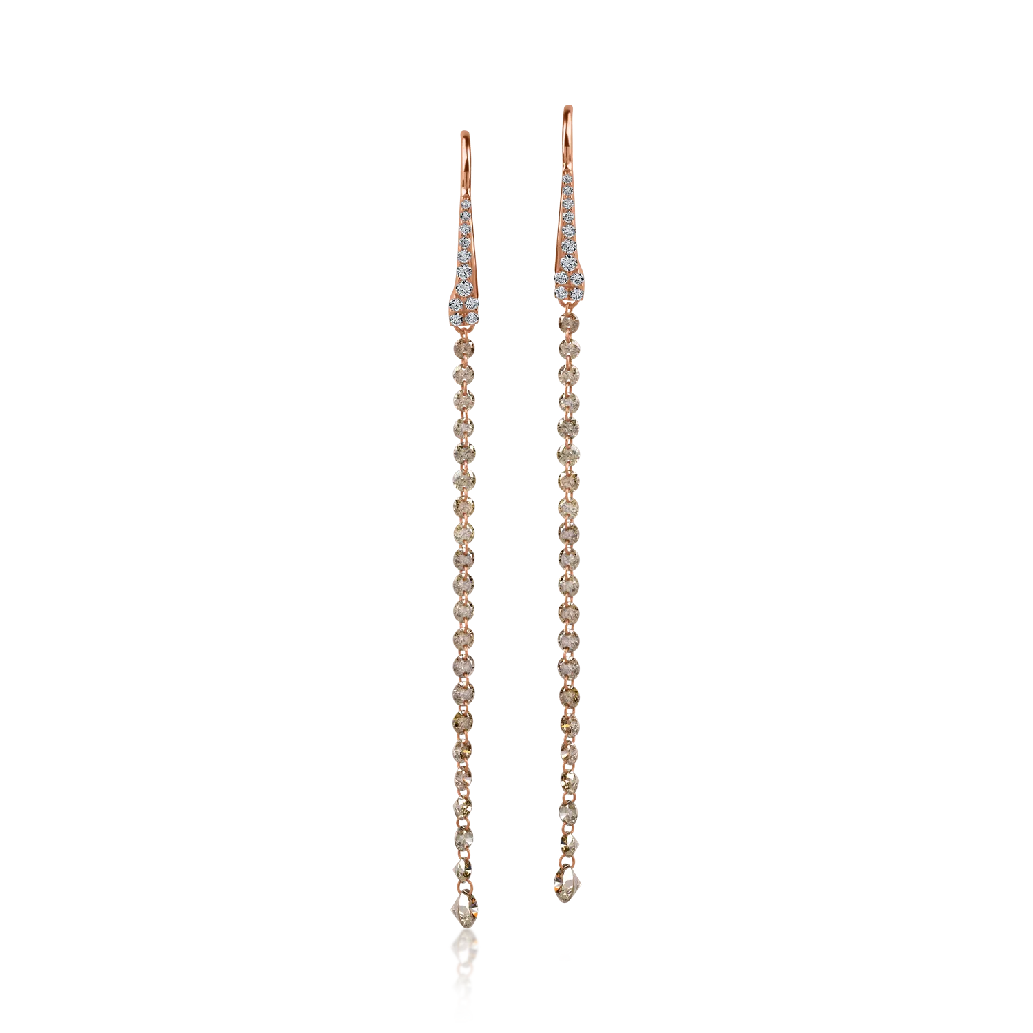 Rose gold long earrings with 1.82ct brown diamonds and 0.18ct clear diamonds