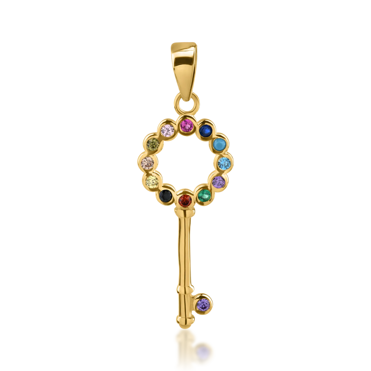 Yellow gold key pendant with multicoloured zirconia