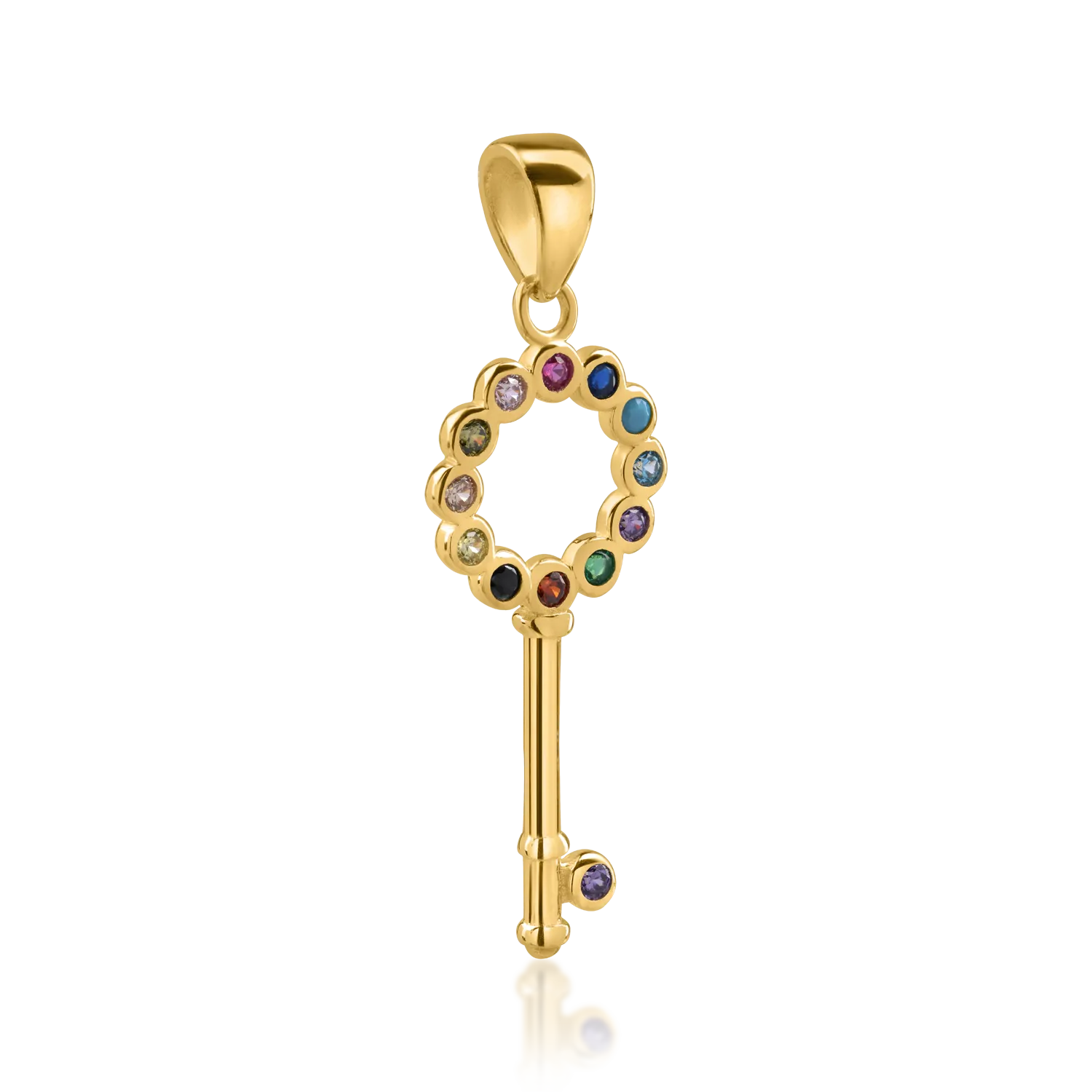 Висулка ключ от жълто злато с многоцветен цирконий
