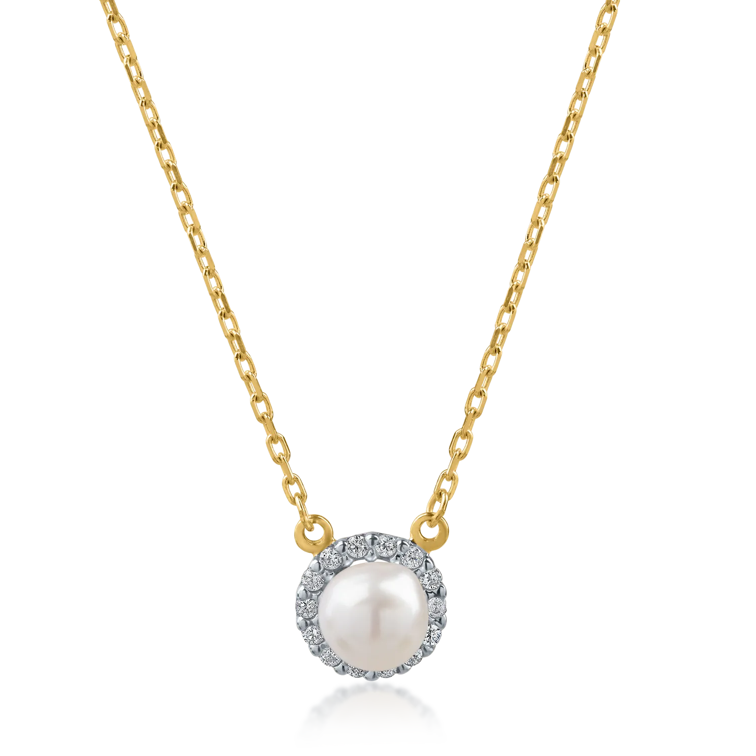 Yellow gold pendant necklace with synthetic pearl and zirconia