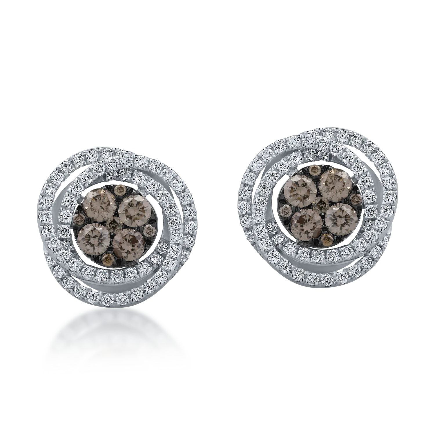 White gold round earrings with 0.7ct brown and clear diamonds