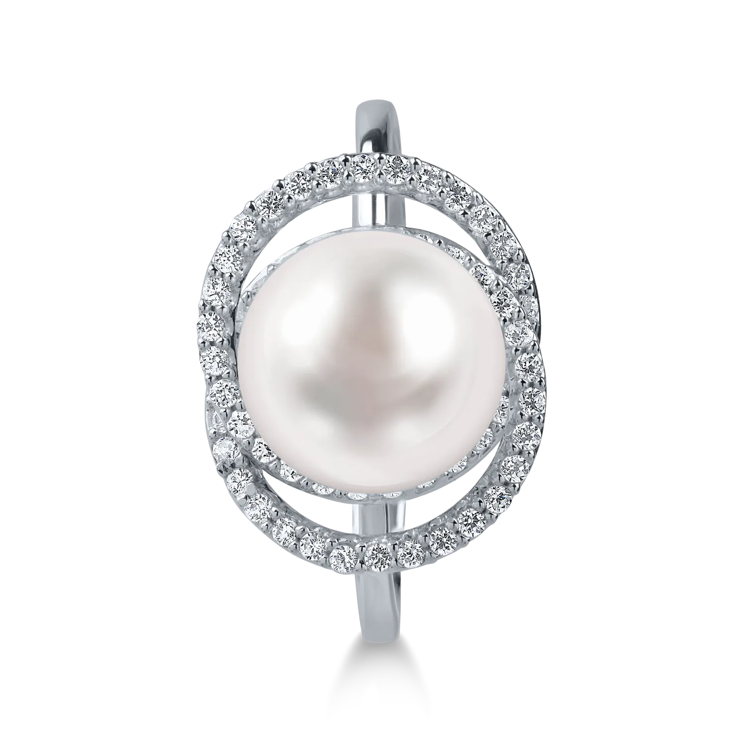 Pierścionek z białego złota z syntetyczną perłą i cyrkonią