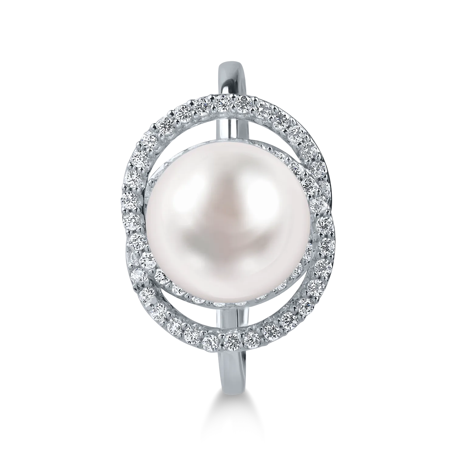 White gold ring with synthetic pearl and zirconia