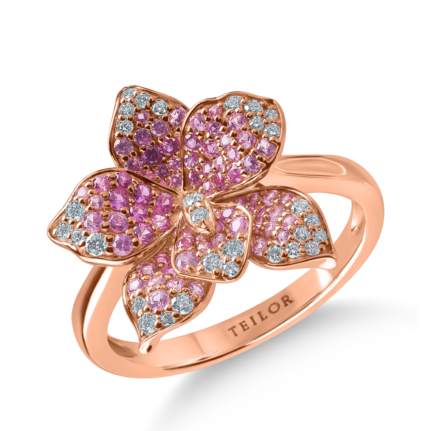 Inel floral din aur roz cu safire roz de 0.65ct si diamante de 0.16ct