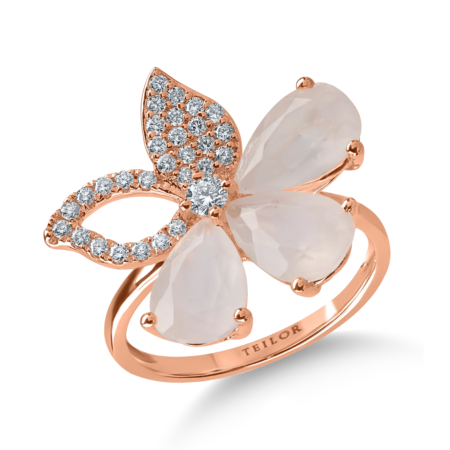 Rose gold flower ring with 3.1ct pink quartz and 0.2ct diamonds