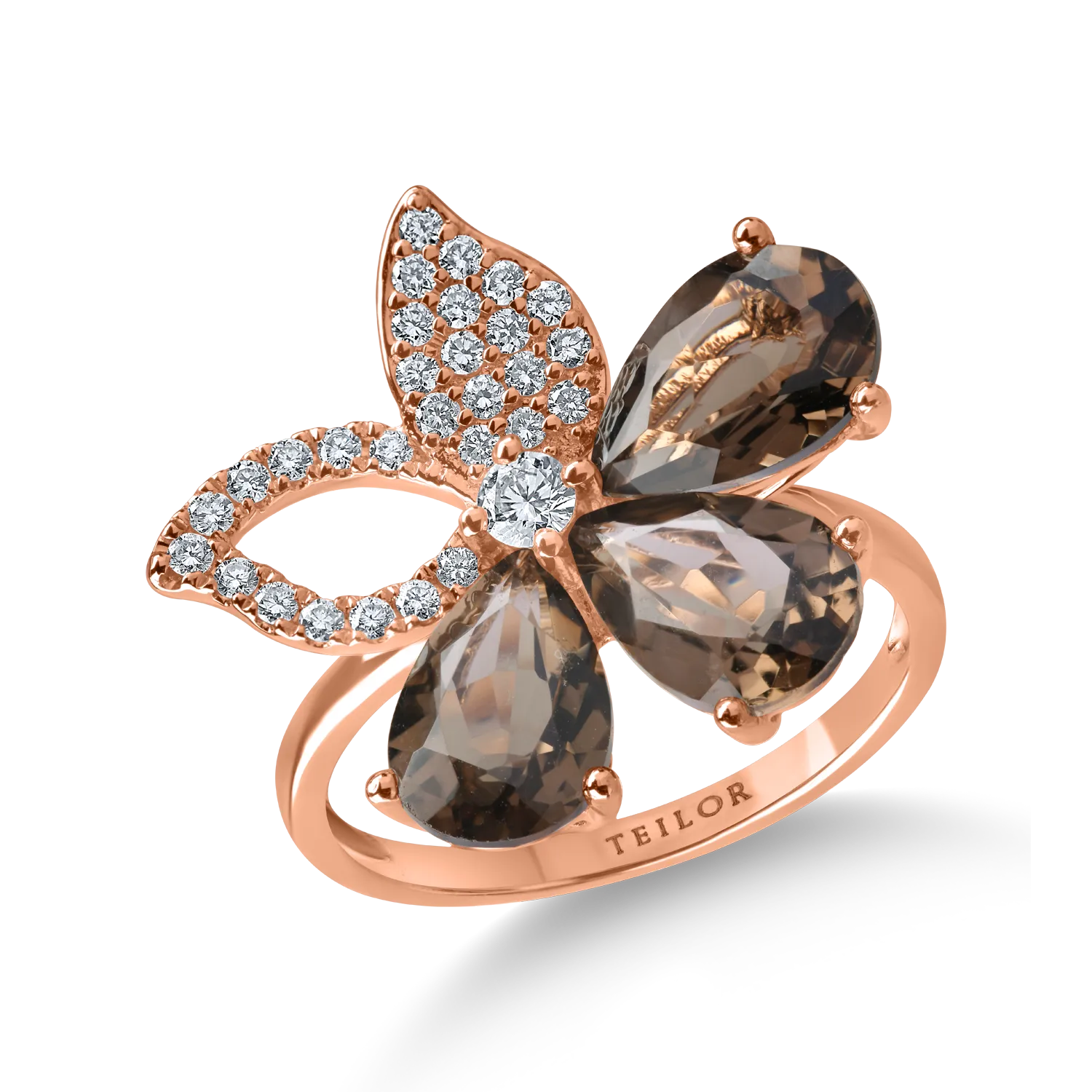 Inel floare din aur roz cu cuart fumuriu pear de 3.3ct si diamante de 0.2ct