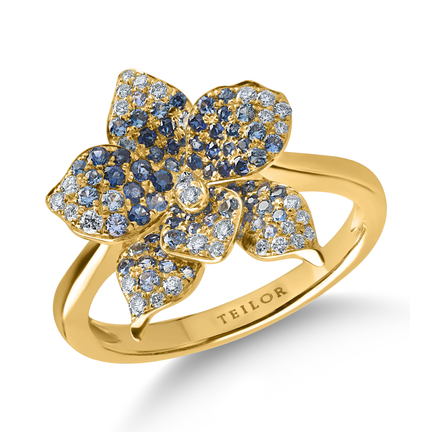 Yellow gold flower ring with 0.6ct sapphires and 0.1ct diamonds