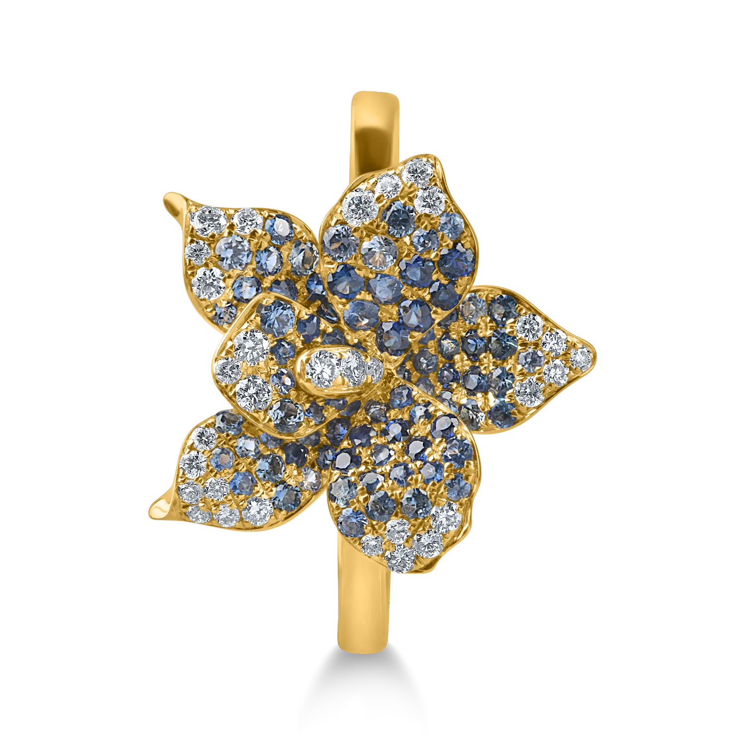 Yellow gold flower ring with 0.6ct sapphires and 0.1ct diamonds