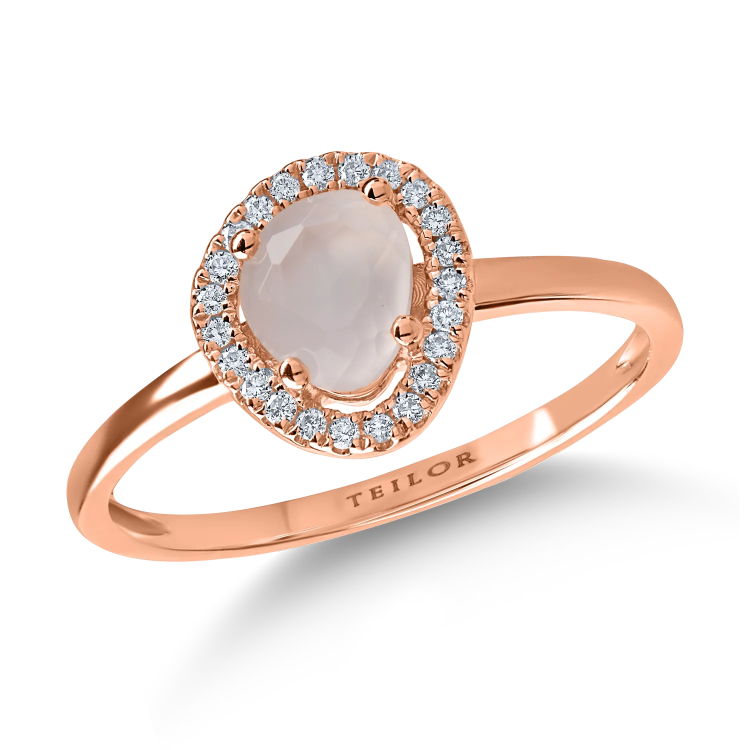 Rose gold single stone halo ring with 0.6ct pink quartz and 0.08ct diamonds