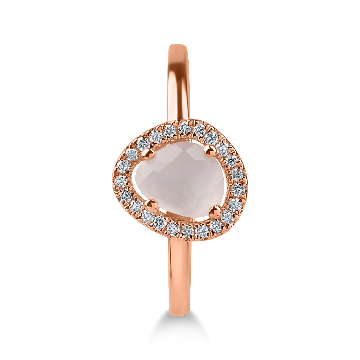 Rose gold single stone halo ring with 0.6ct pink quartz and 0.08ct diamonds