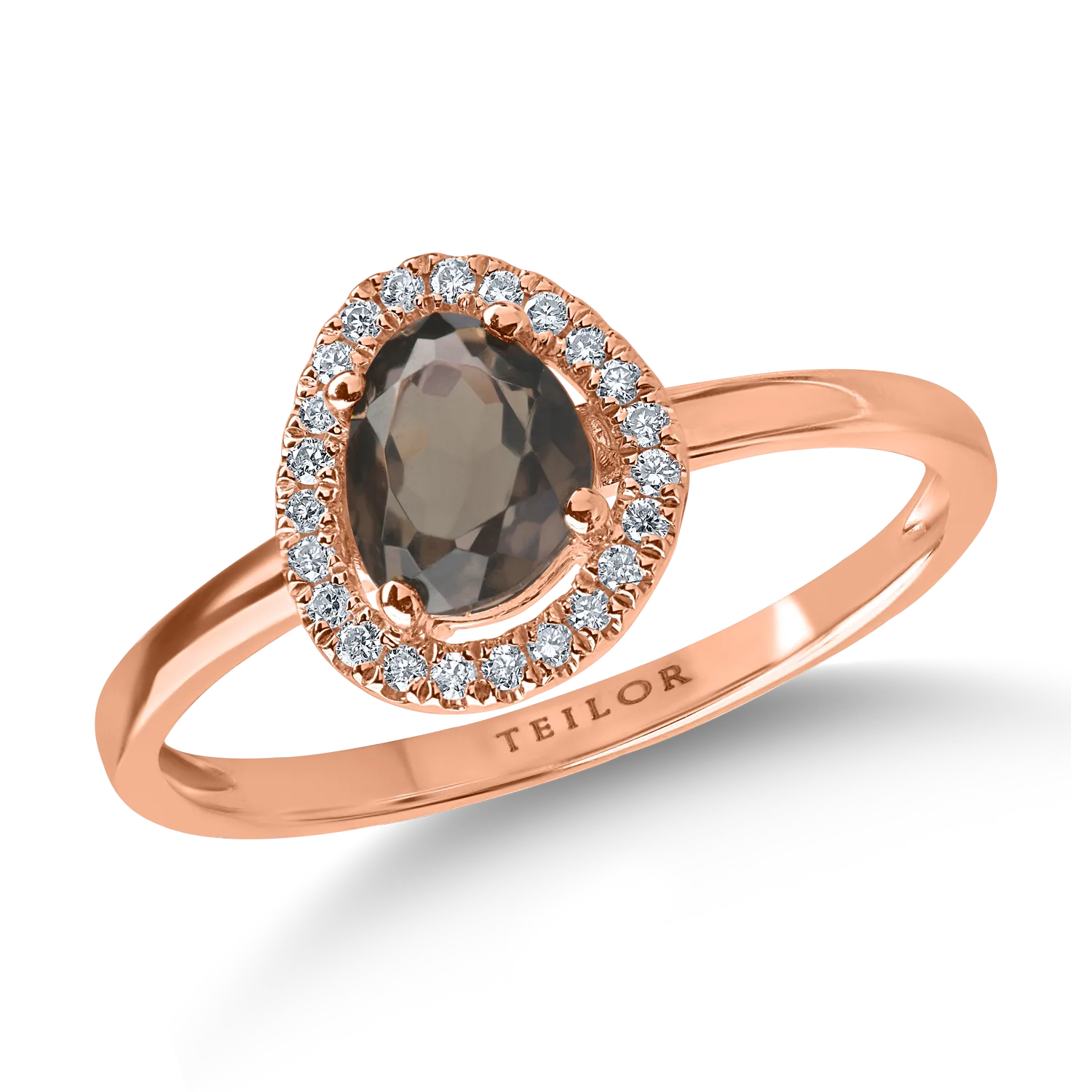 Rose gold single stone halo ring with 0.6ct smoky quartz and 0.08ct diamonds