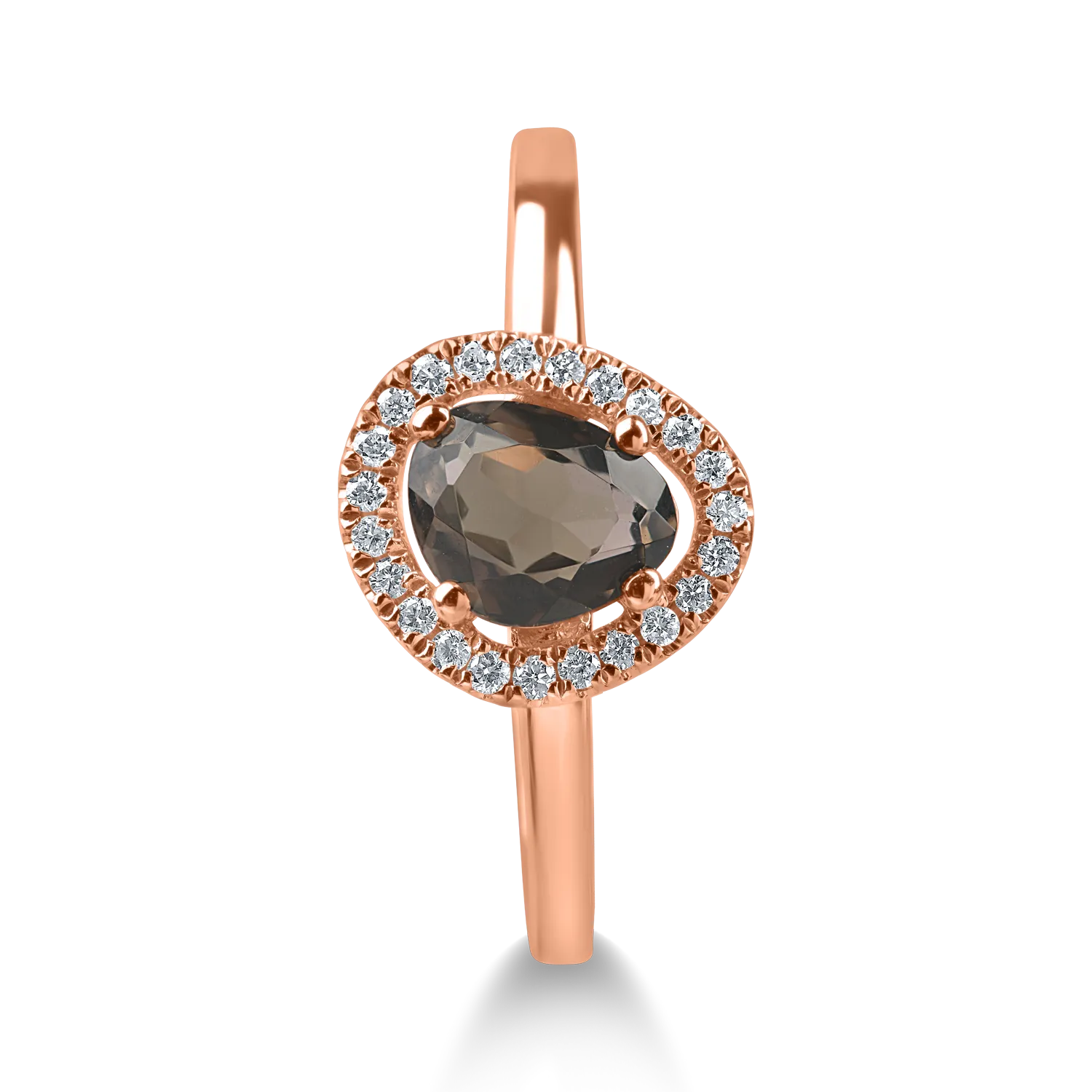 Rose gold single stone halo ring with 0.6ct smoky quartz and 0.08ct diamonds