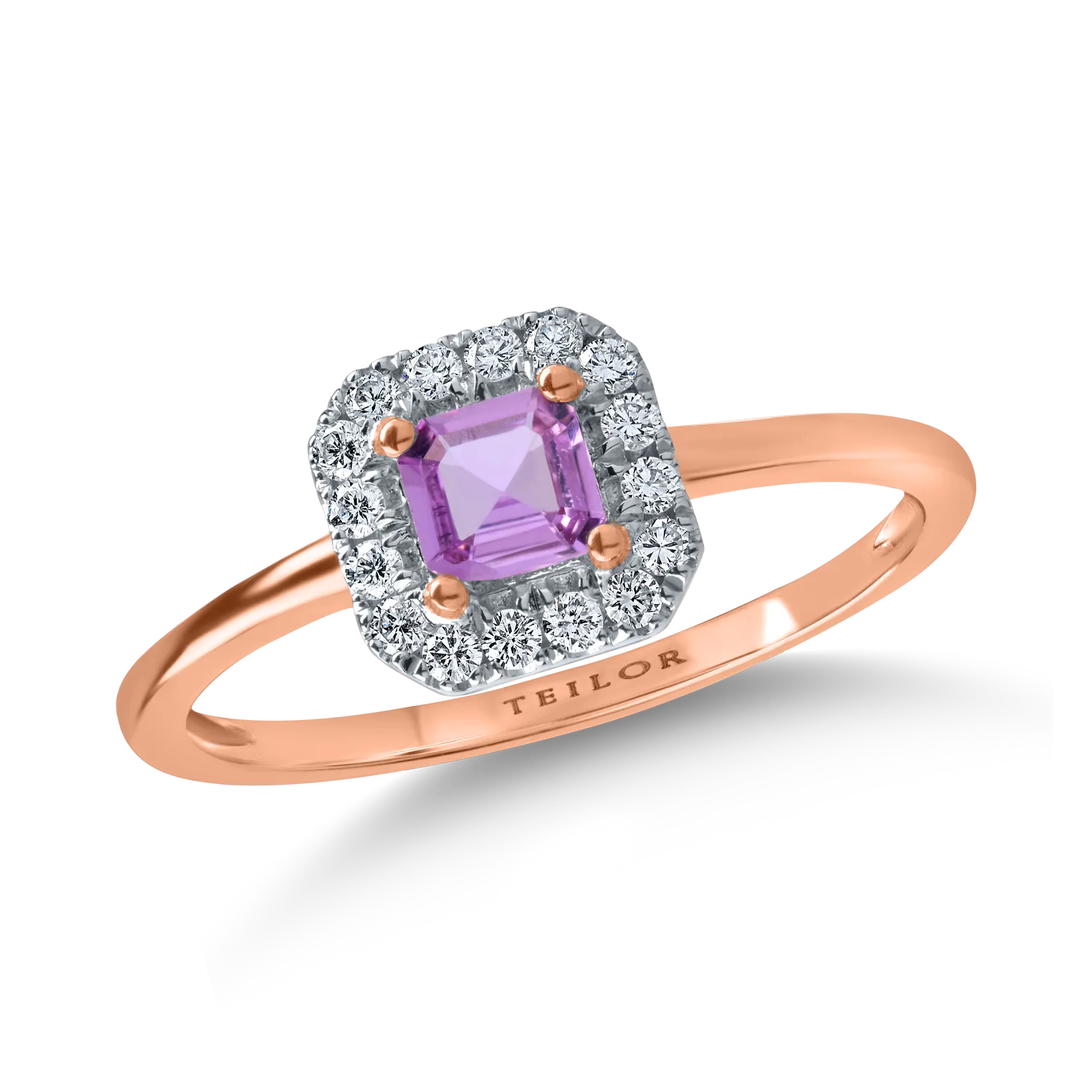 Rose gold single stone halo ring with 0.3ct pink sapphire and 0.1ct diamonds