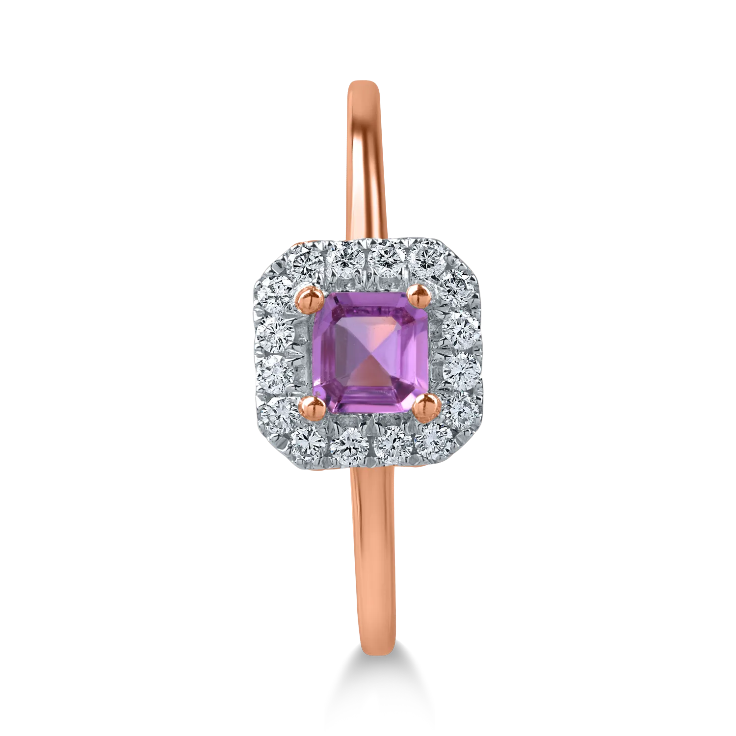 Inel single stone halo din aur roz cu safir roz de 0.3ct si diamante de 0.1ct