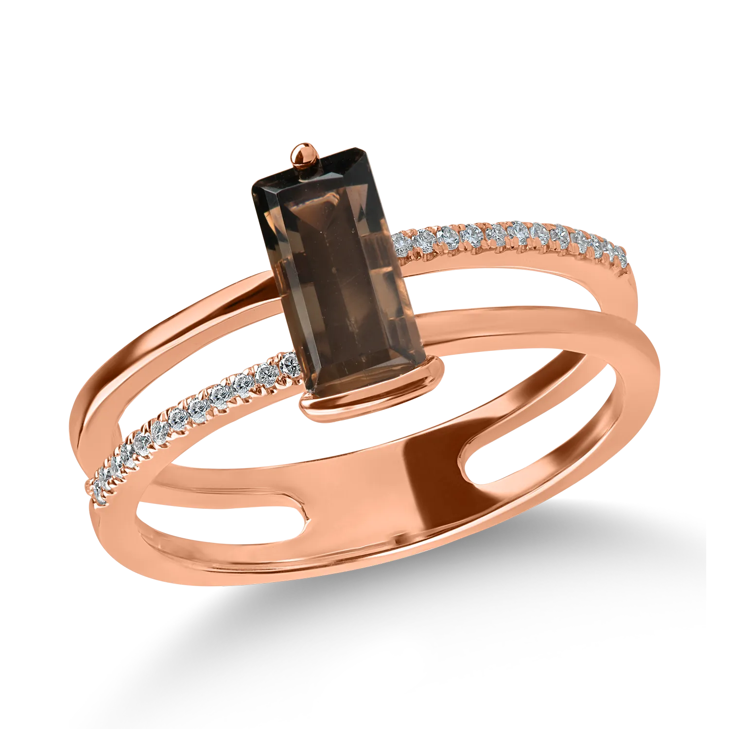 Rose gold double ring with 0.9ct smoky quartz and 0.07ct diamonds