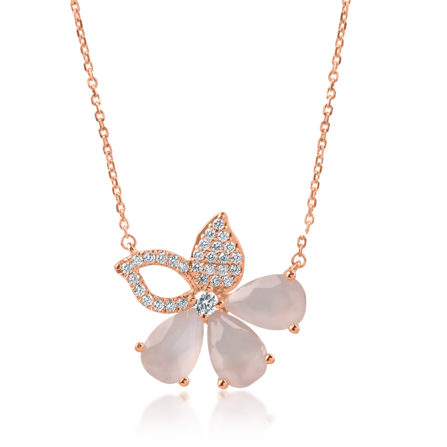 Rose gold flower pendant chain with 3.12ct rose quartz and 0.29ct diamonds