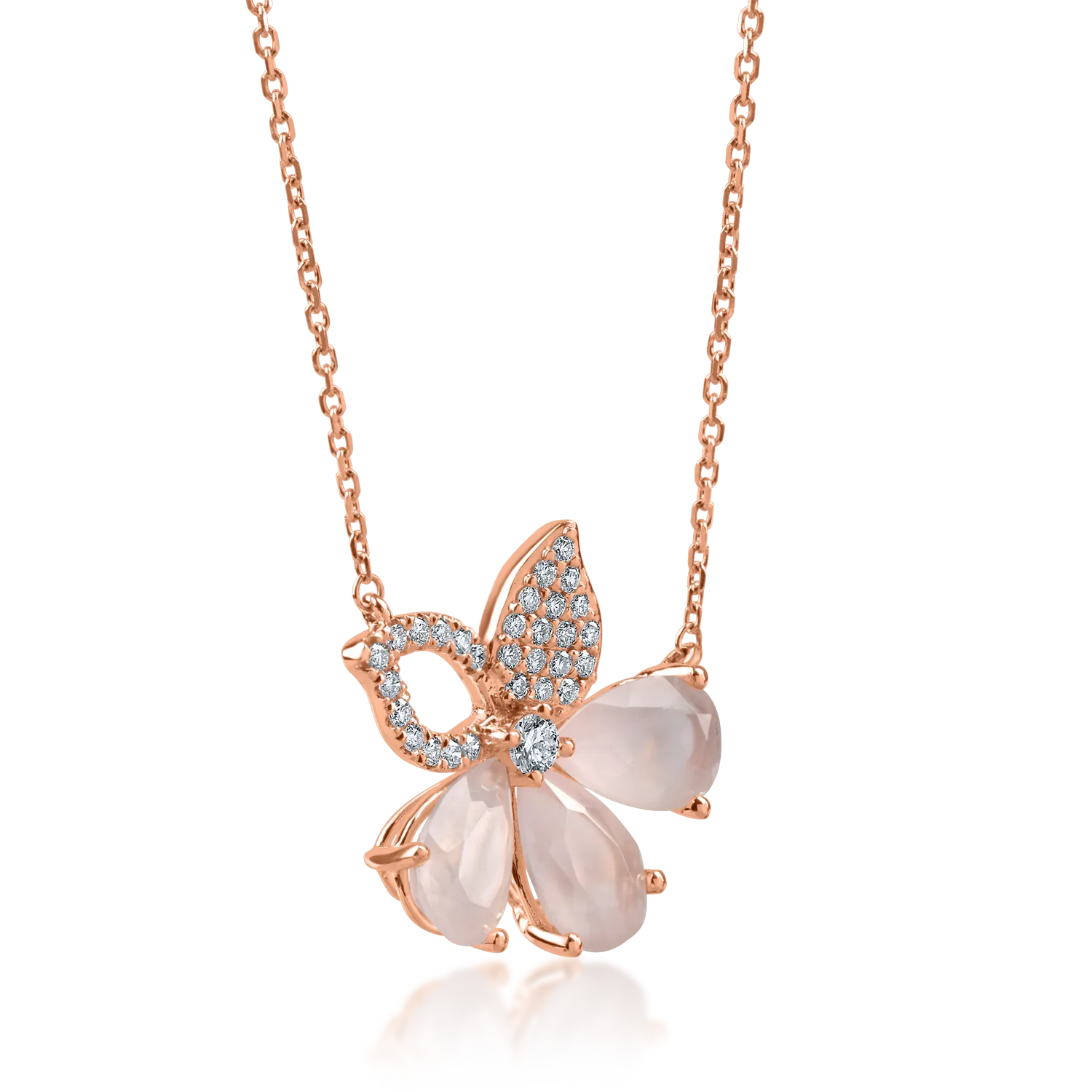 Rose gold flower pendant chain with 3.12ct rose quartz and 0.29ct diamonds