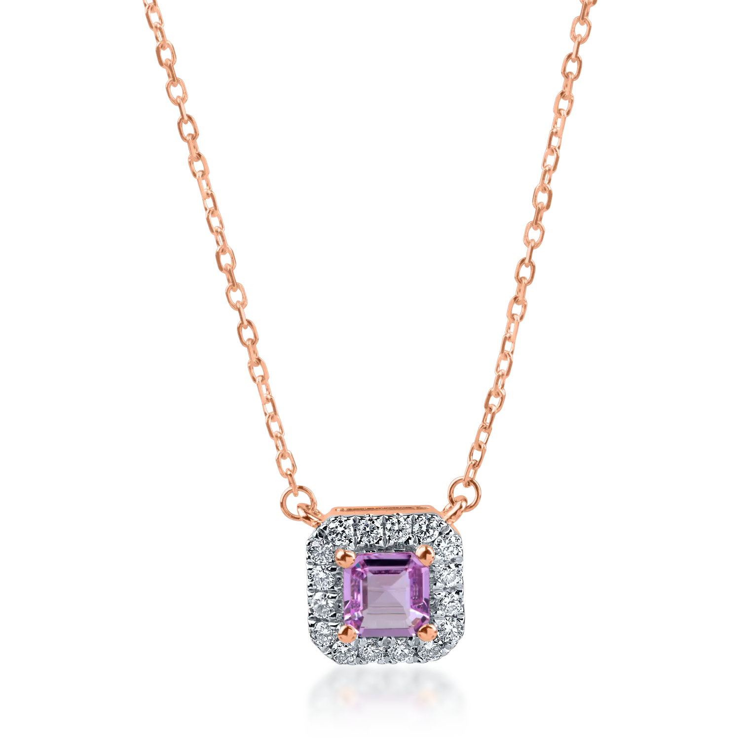 Lant cu pandantiv geometric din aur roz cu safir roz de 0.3ct si diamante de 0.1ct