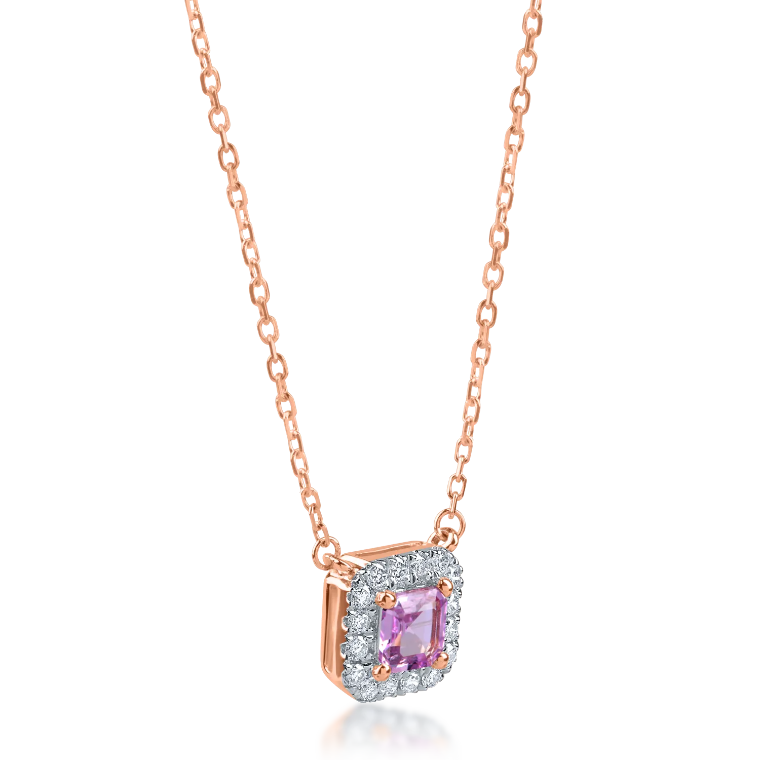 Lant cu pandantiv geometric din aur roz cu safir roz de 0.3ct si diamante de 0.1ct