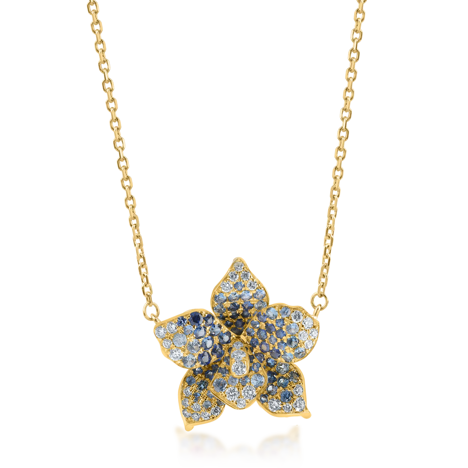 Yellow gold flower pendant necklace with 0.6ct blue sapphires and 0.1ct diamonds