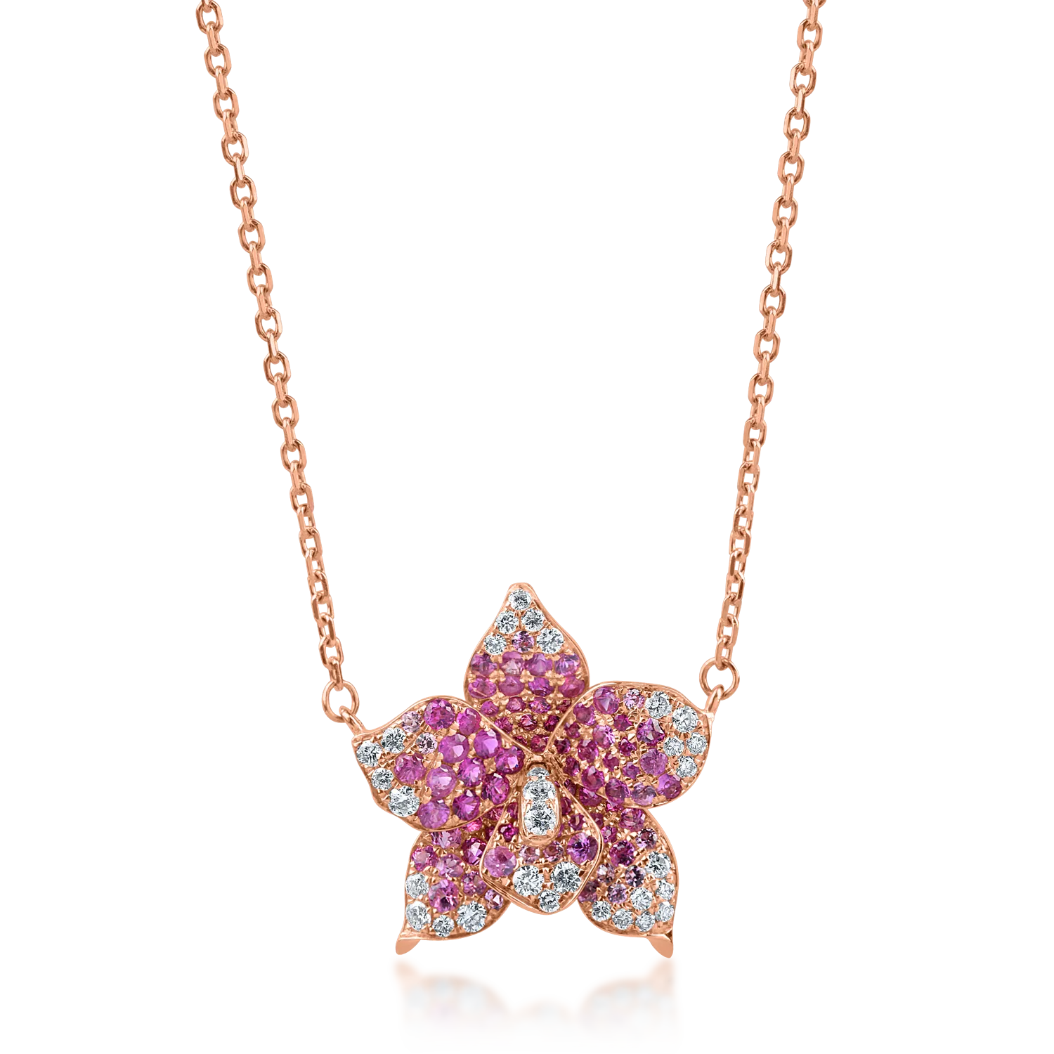 Rose gold flower pendant necklace with 0.6ct pink sapphires and 0.1ct diamonds