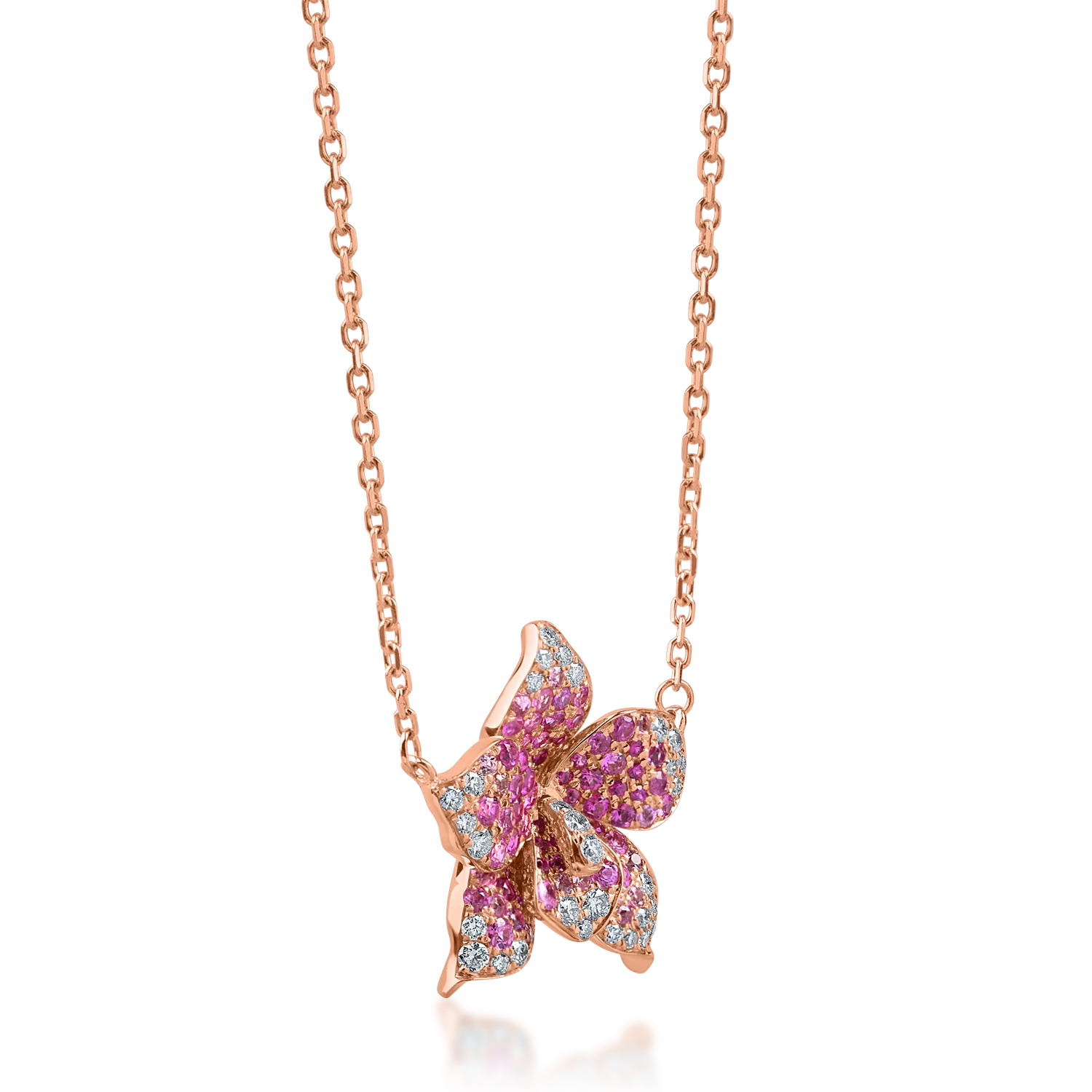 Rose gold flower pendant necklace with 0.6ct pink sapphires and 0.1ct diamonds