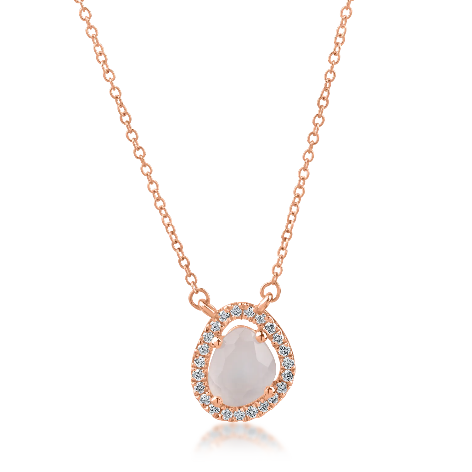 Rose gold round pendant necklace with 0.6ct rose quartz and 0.08ct diamonds