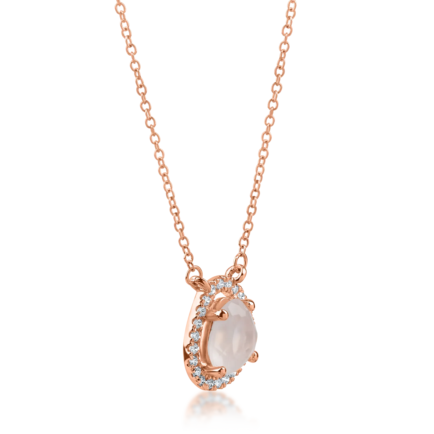 Rose gold round pendant necklace with 0.6ct rose quartz and 0.08ct diamonds