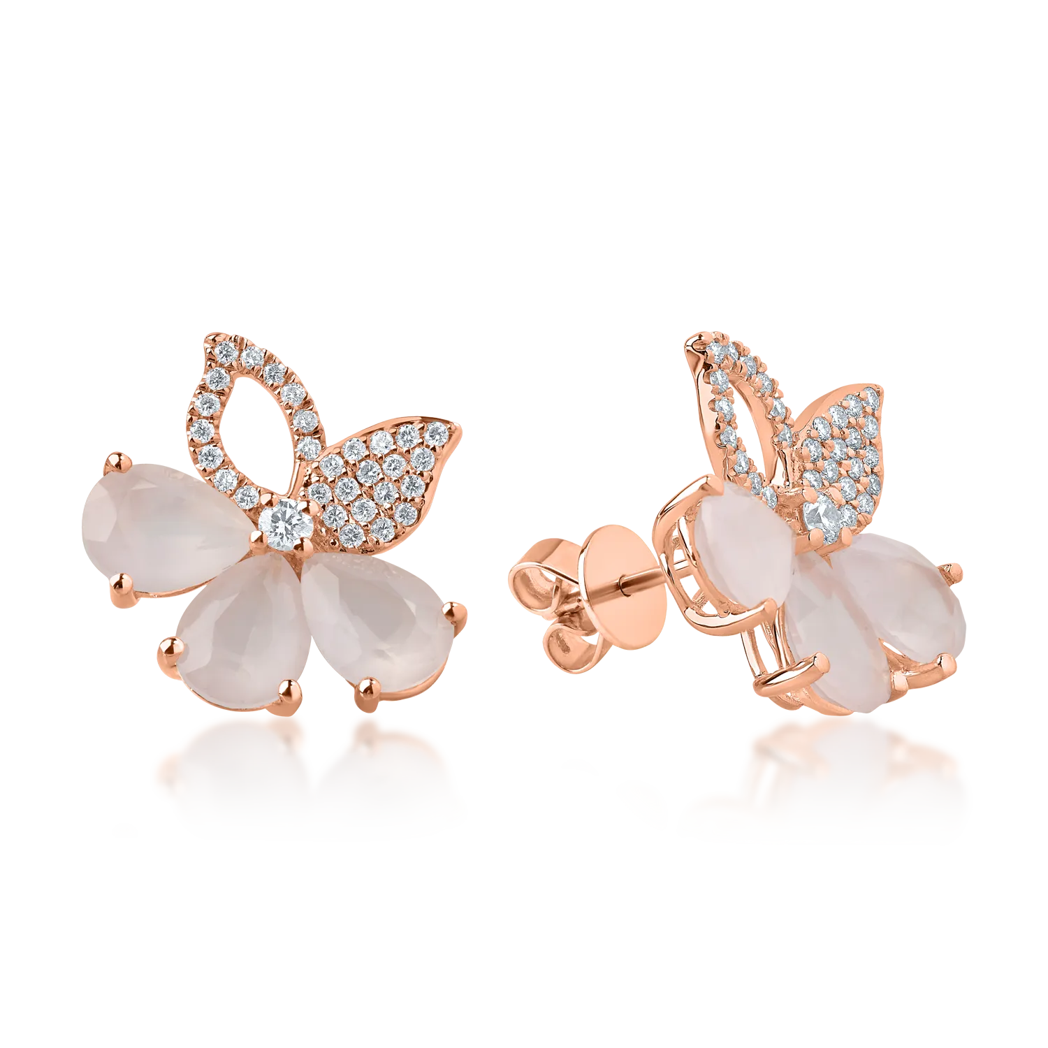 Rose gold flower earrings with 5.4ct pink quartz and 0.4ct diamonds