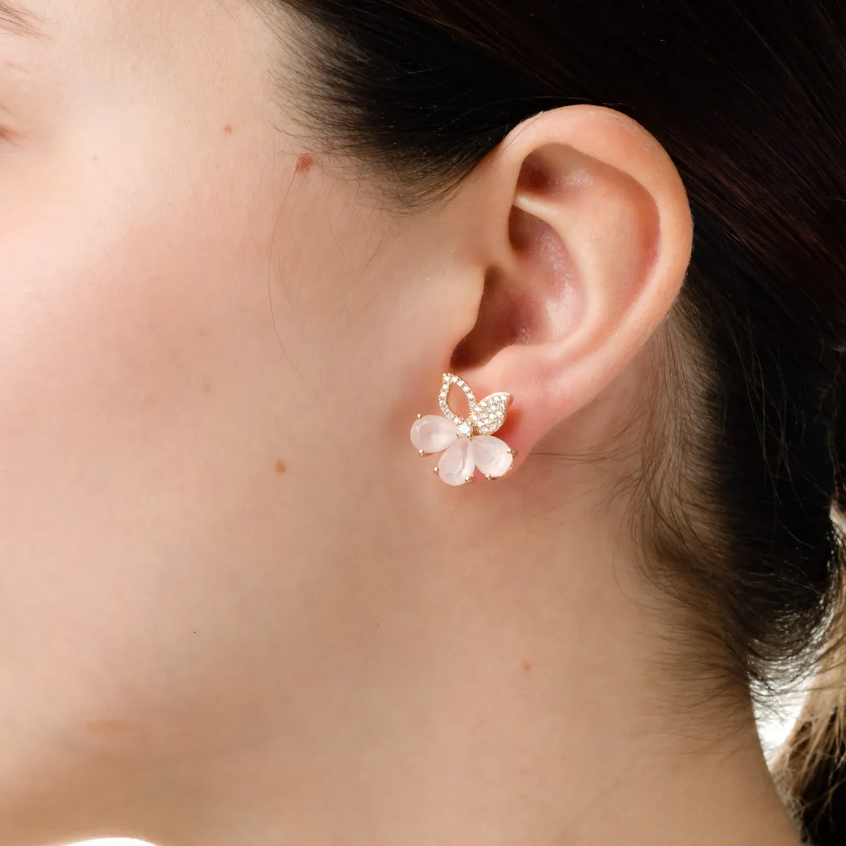 Rose gold flower earrings with 5.4ct pink quartz and 0.4ct diamonds