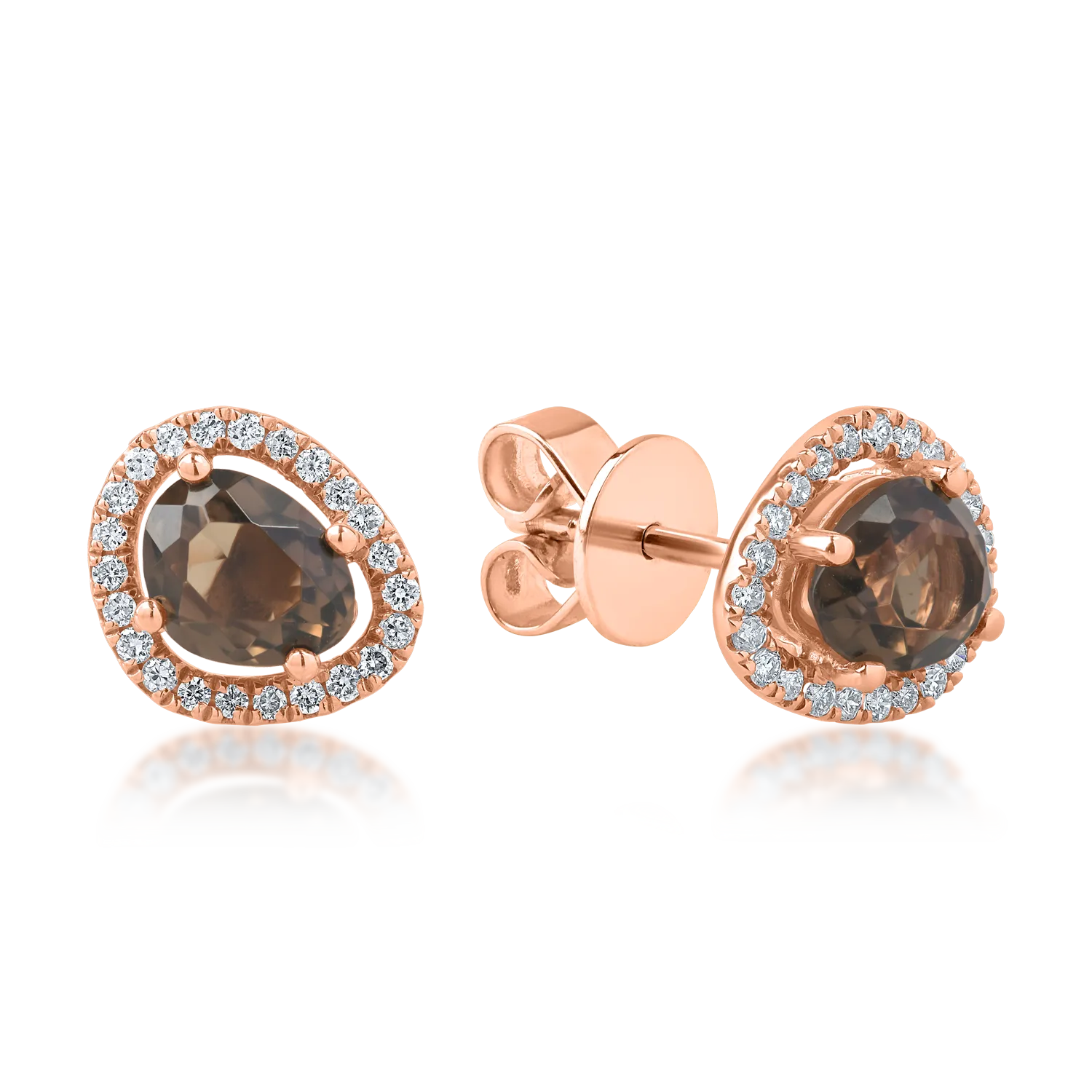 Kolczyki wkrętki z różowego złota z 1.1ct kwarcem dymnym i diamentami o masie 0.1ct