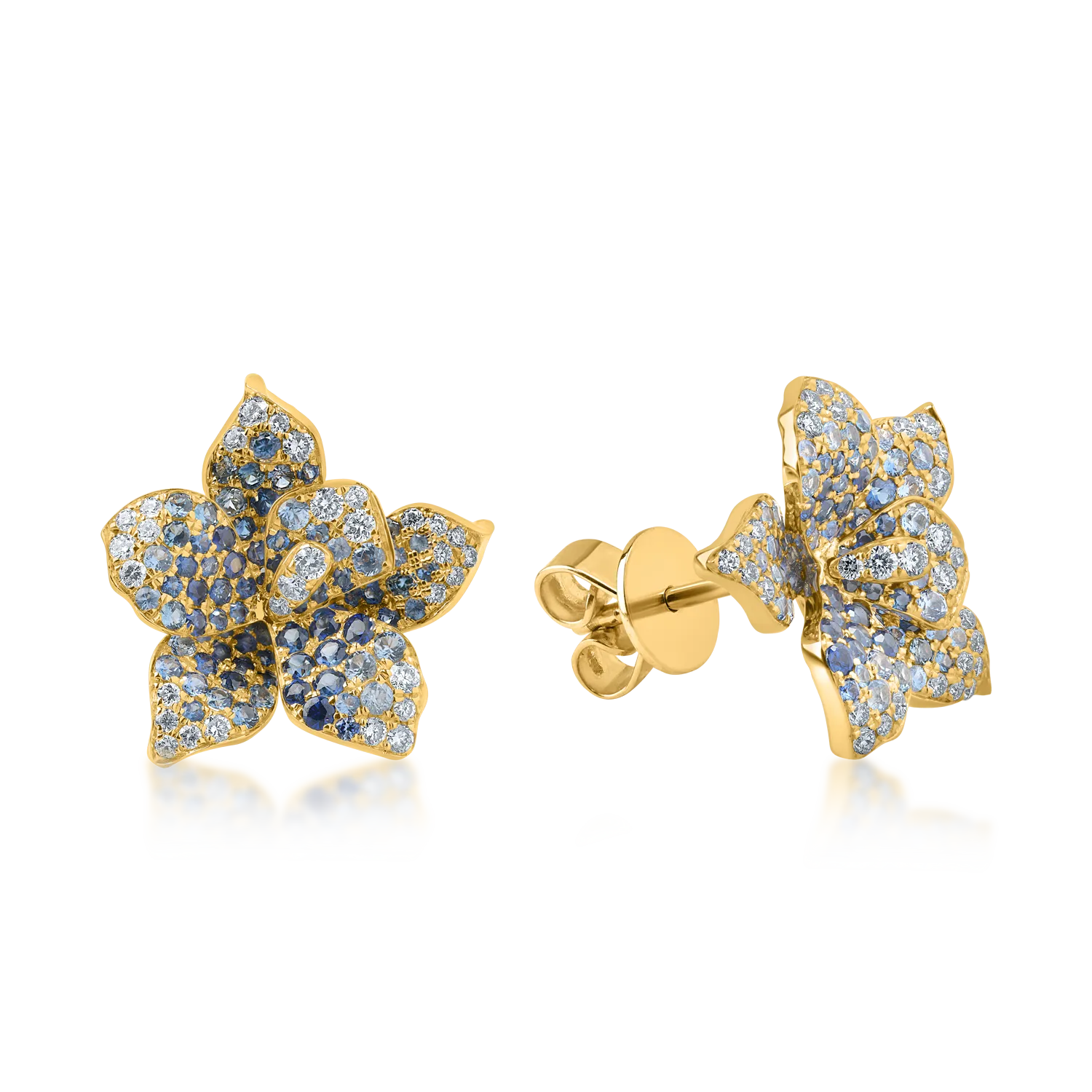 Обеци с цветя от жълто злато с 1.2кт сини сапфири и 0.3кт диаманти