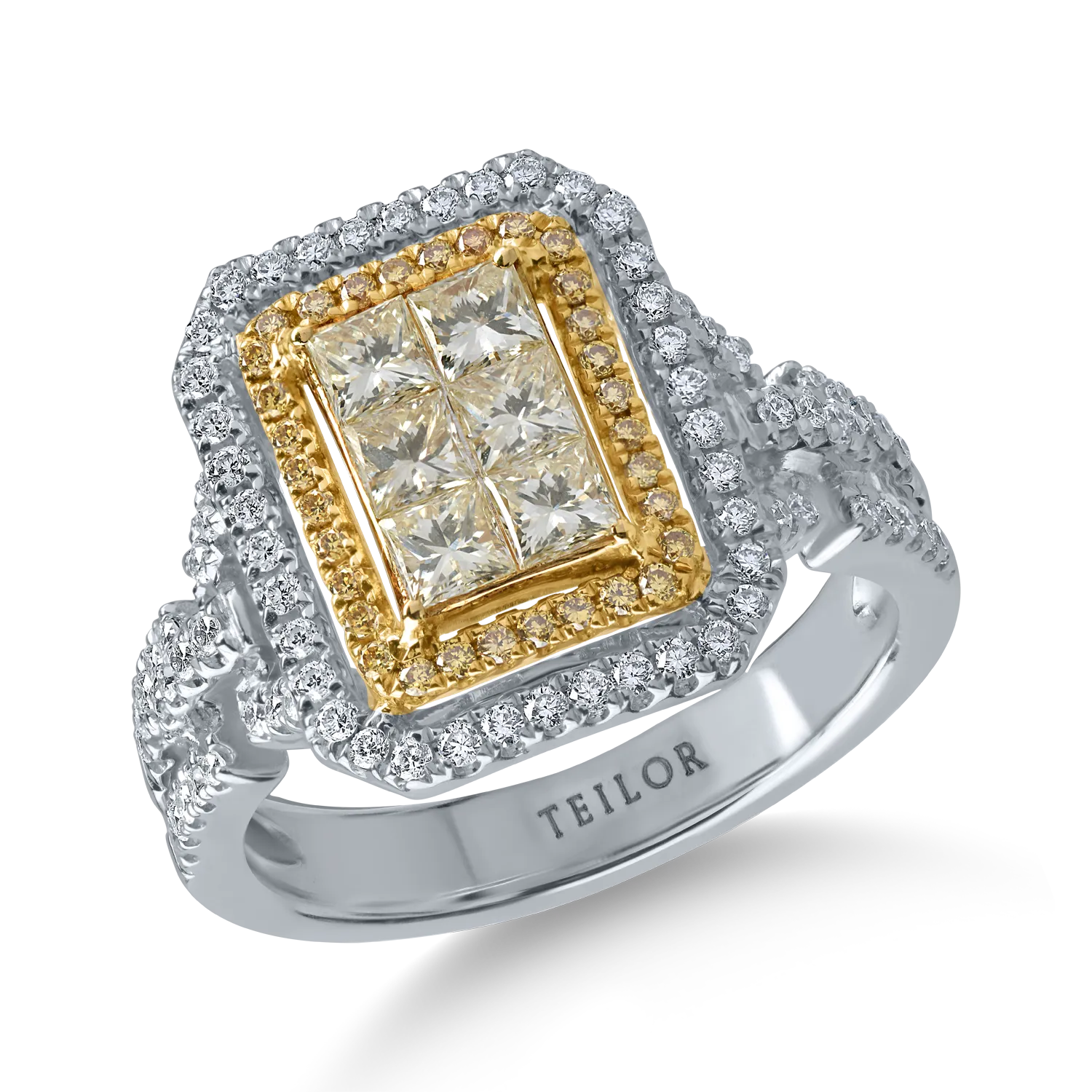 White-yellow gold ring with 1ct yellow and clear diamonds