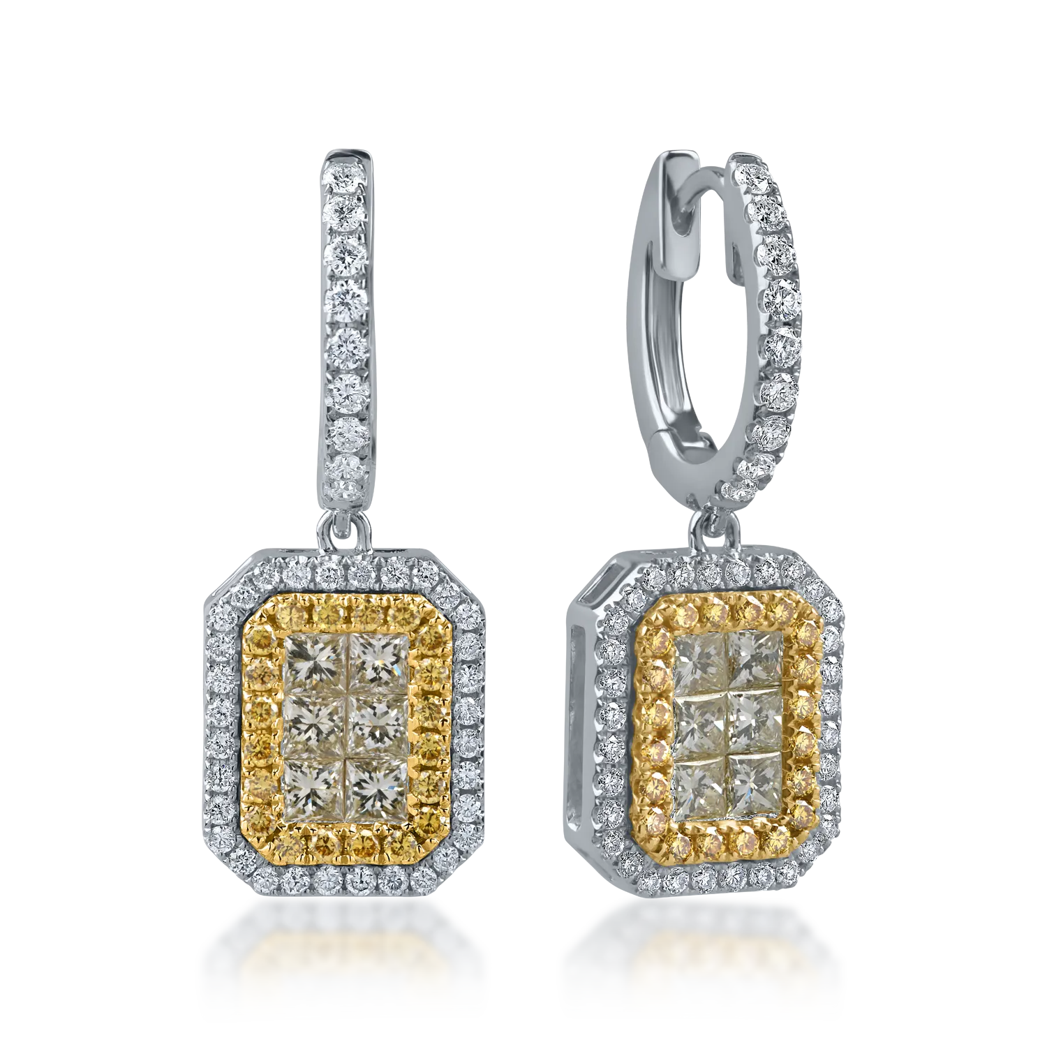 Cercei geometrici din aur alb-galben cu diamante galbene si incolore de 1.5ct