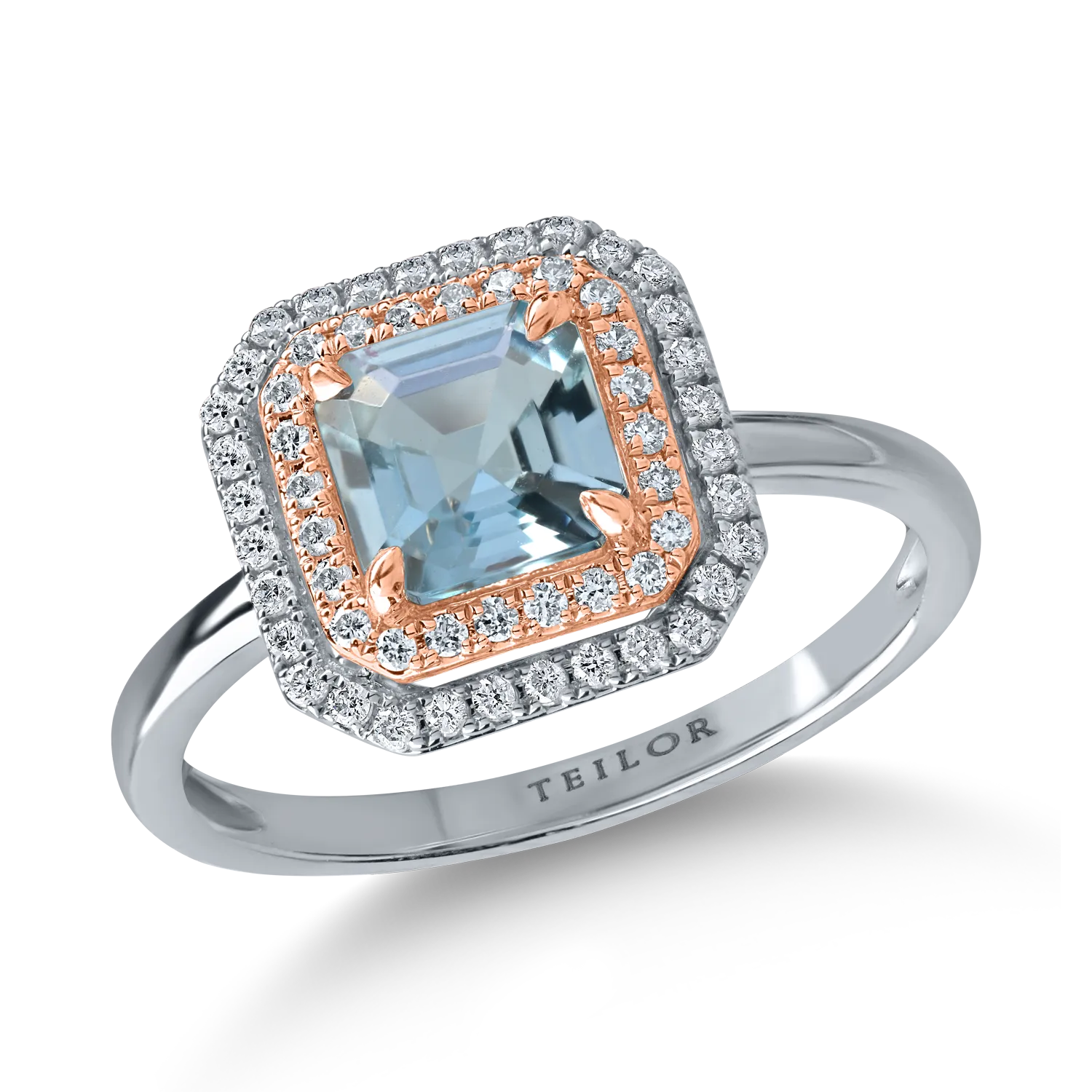 Inel din aur alb-roz cu acvamarin de 0.9ct si diamante de 0.2ct