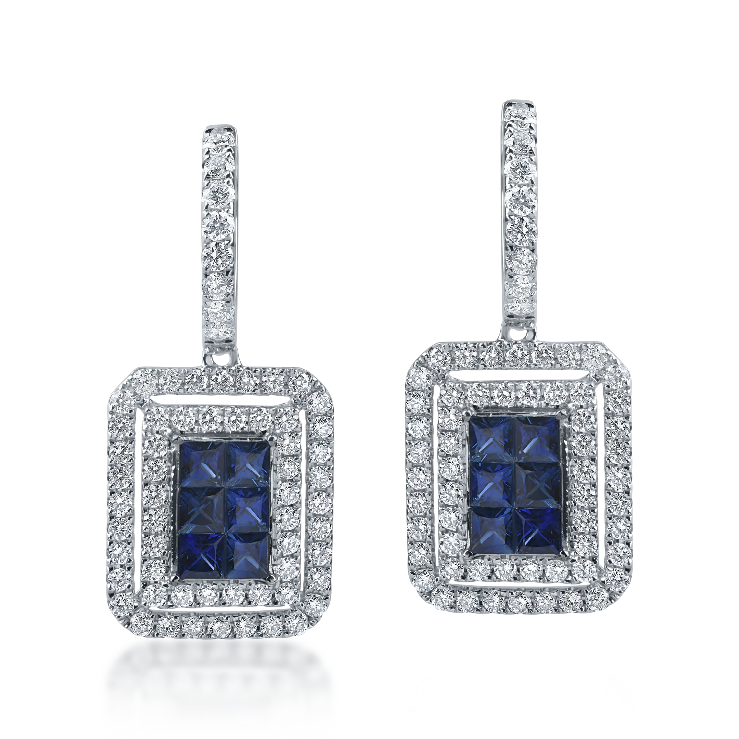 White gold geometric earrings with 1.1ct sapphires and 1.2ct diamonds