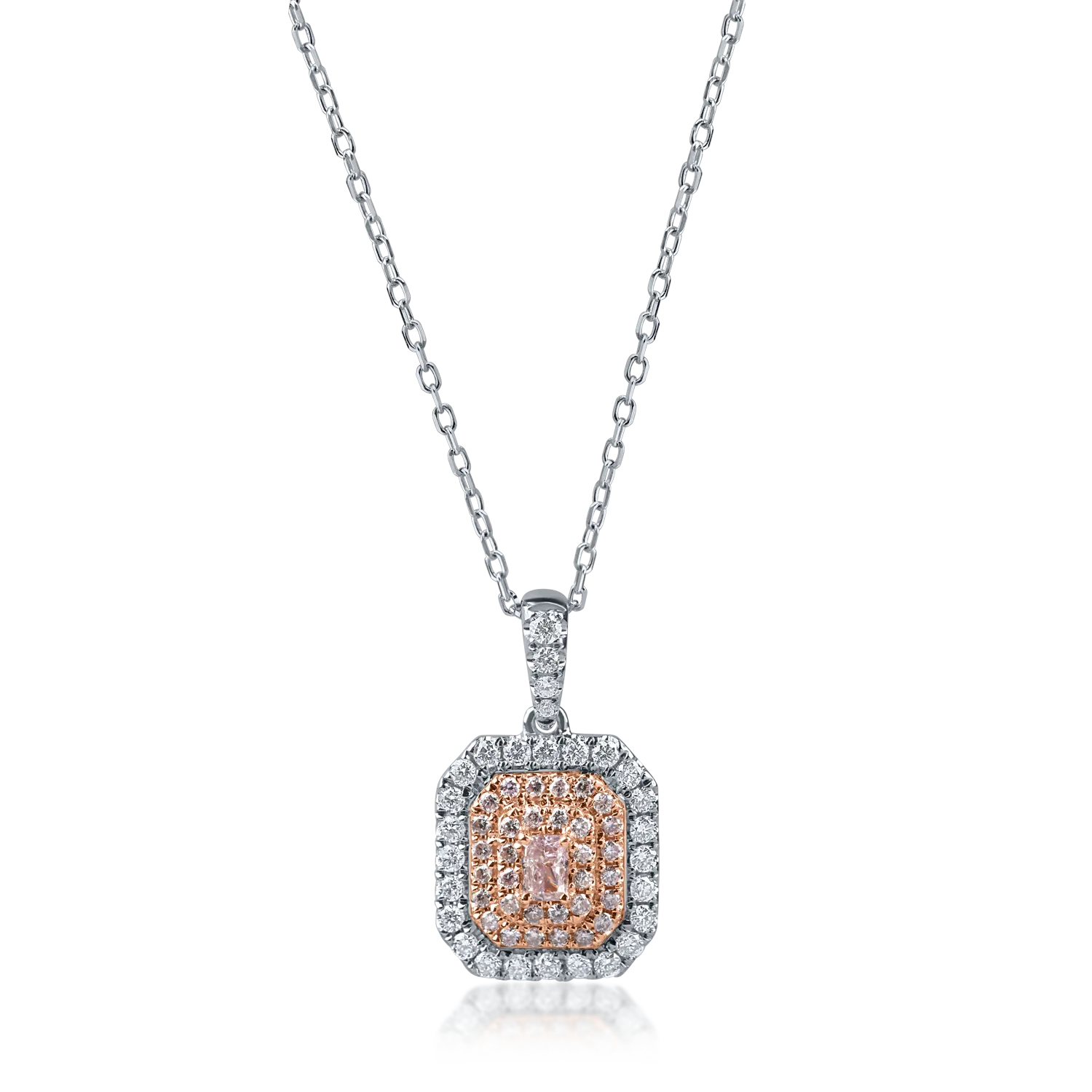 Lant cu pandantiv din aur alb cu diamante roz rectangulare si rotunde si diamante incolore de 0.63ct