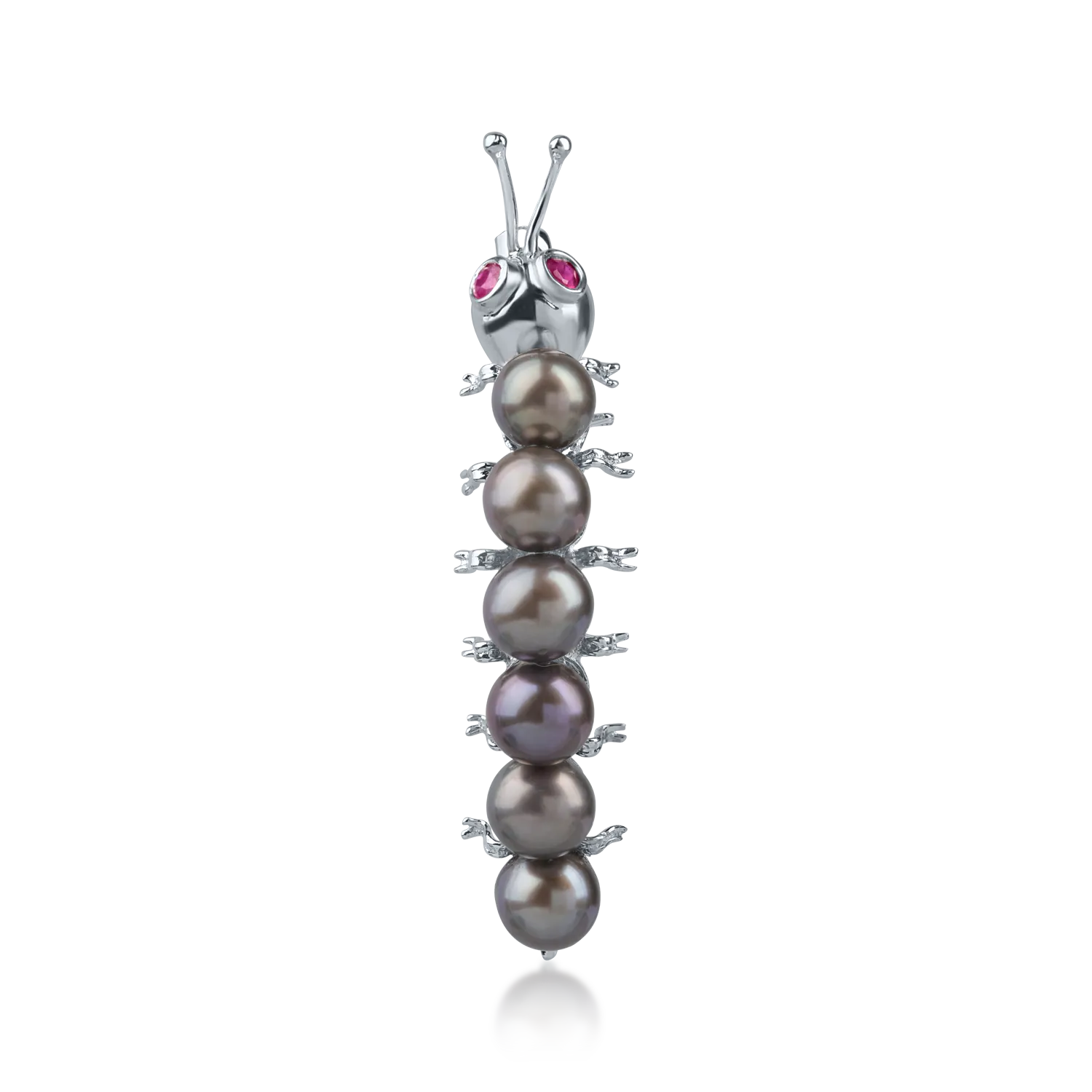 White gold caterpillar brooch with 5.7ct freshwater pearls and 0.08ct rubies