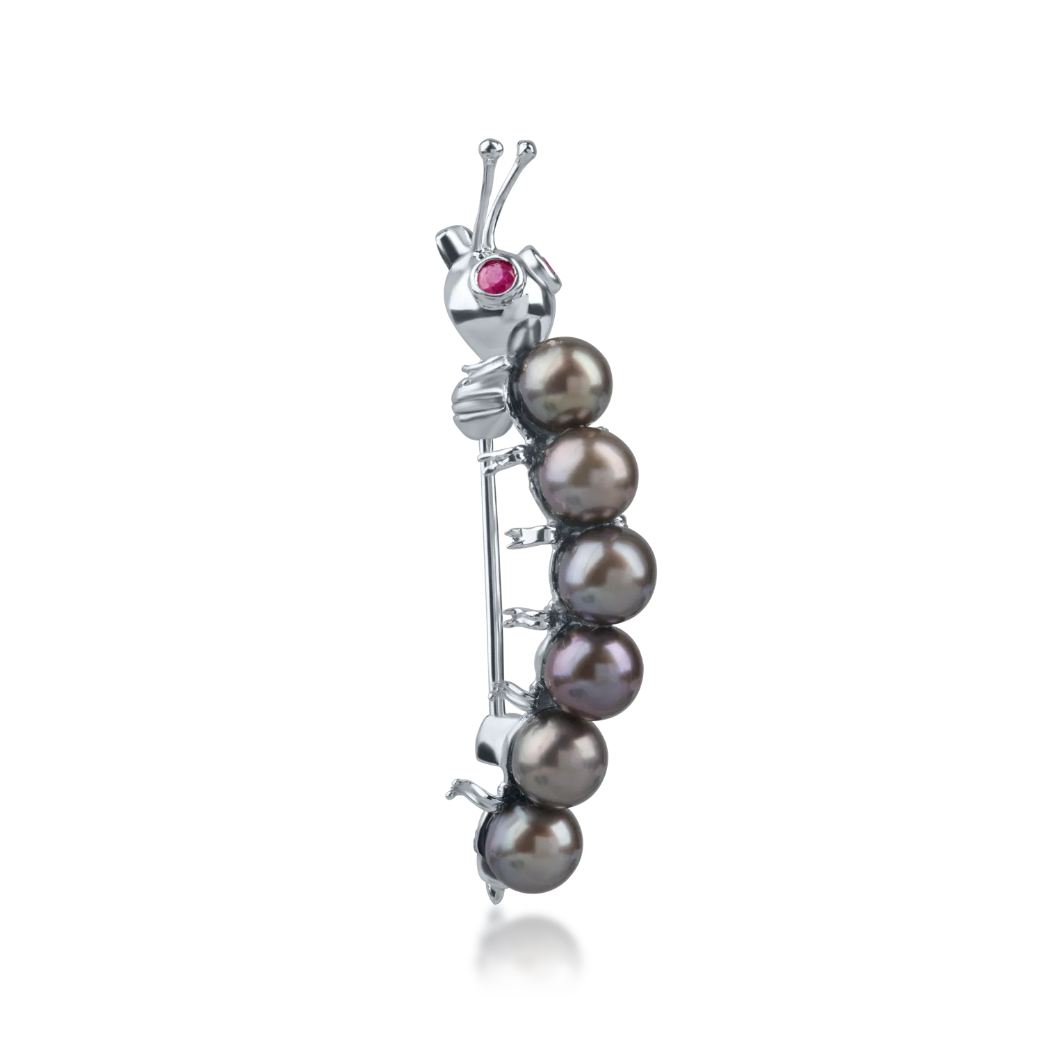 White gold caterpillar brooch with 5.7ct freshwater pearls and 0.08ct rubies