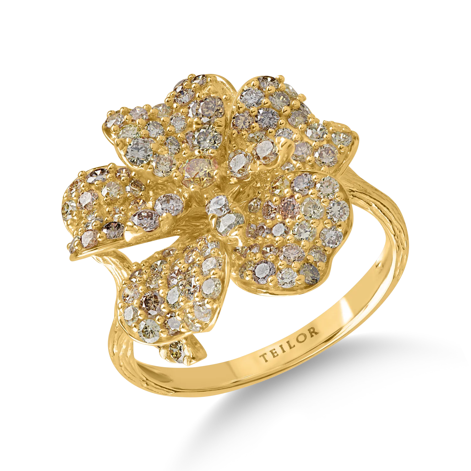 Yellow gold flower ring with 1.57ct multicoloured diamonds