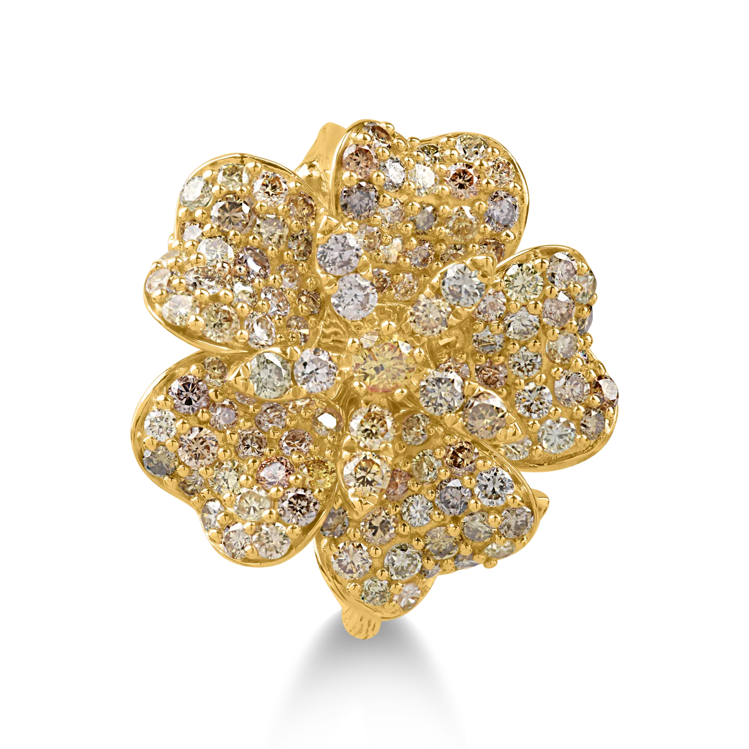 Pierścionek kwiatowy z żółtego złota z wielobarwnymi diamentami o masie 1.57ct