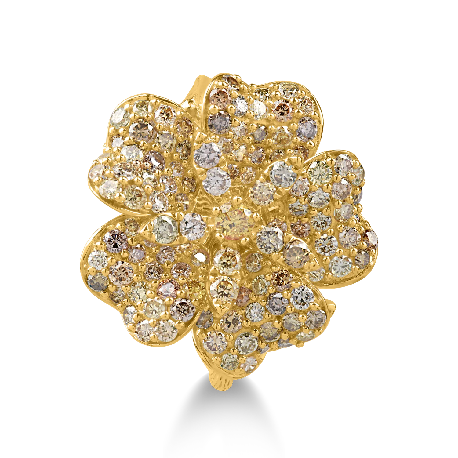 Yellow gold flower ring with 1.5ct multicoloured diamonds