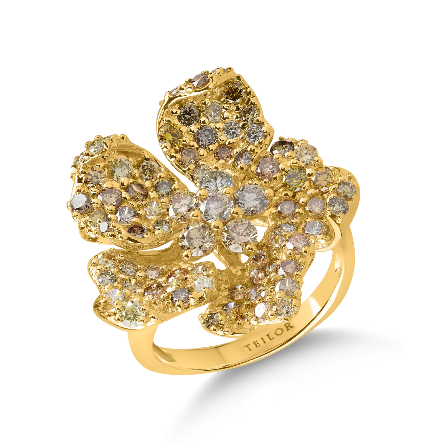 Yellow gold flower ring with 2.6ct multicoloured diamonds