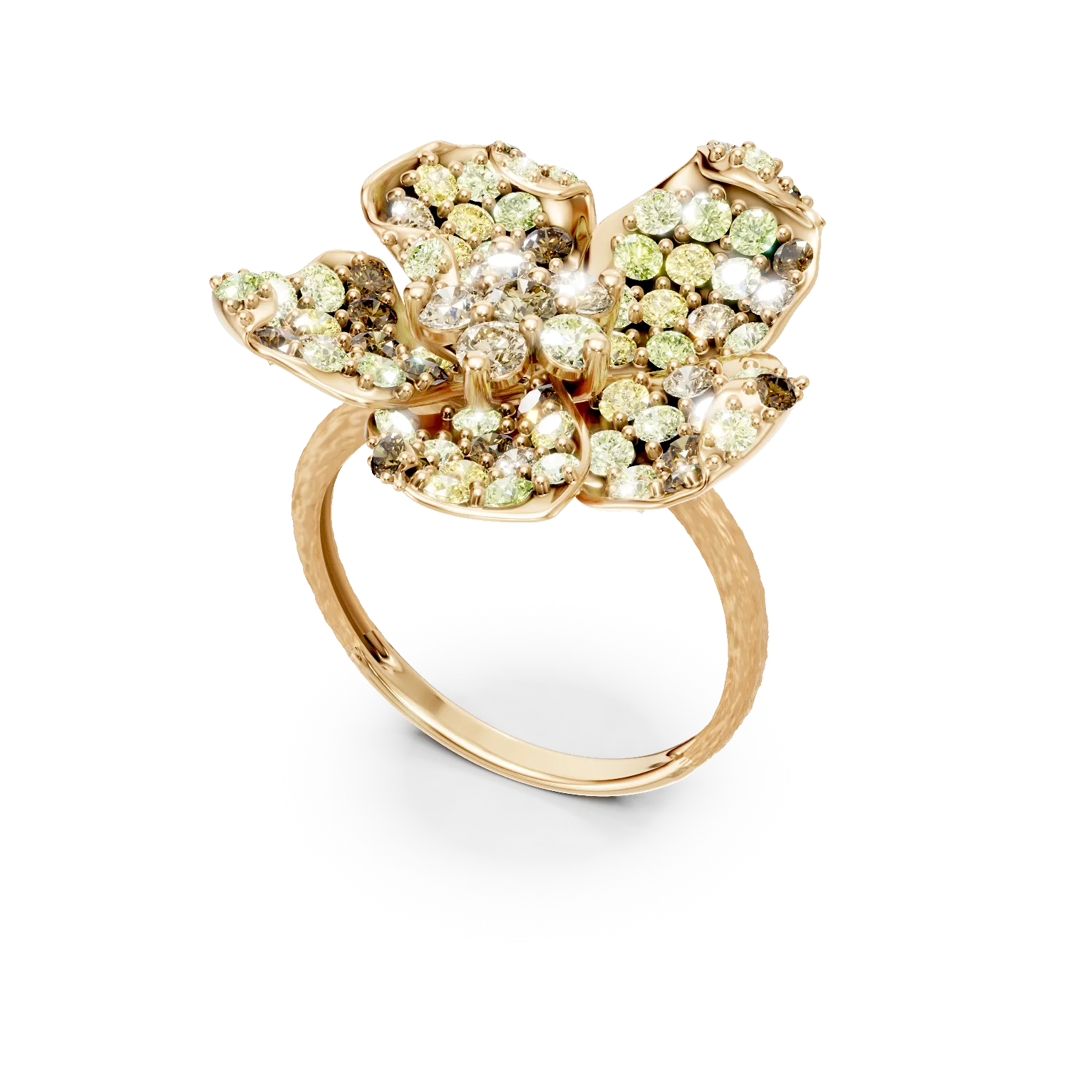 Inel floare din aur galben cu diamante multicolore de 2.6ct