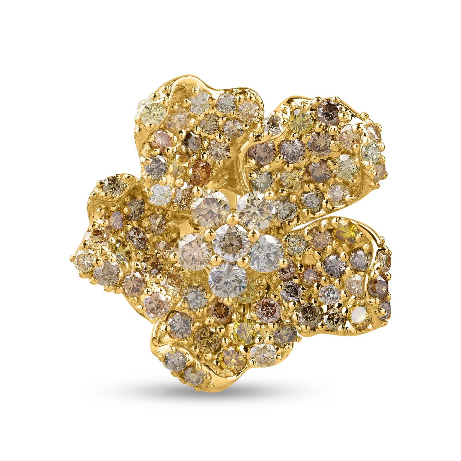 Sárga arany virággyűrű 2.6ct tarka gyémántokkal