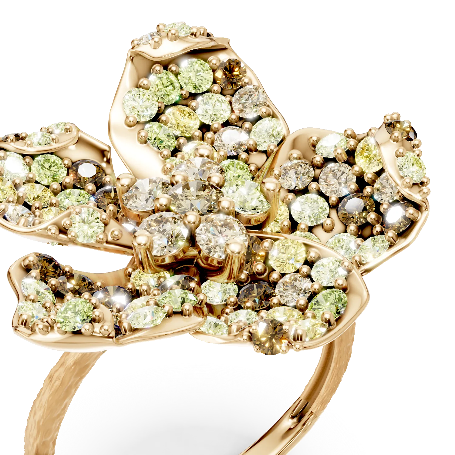 Inel floare din aur galben cu diamante multicolore de 2.6ct