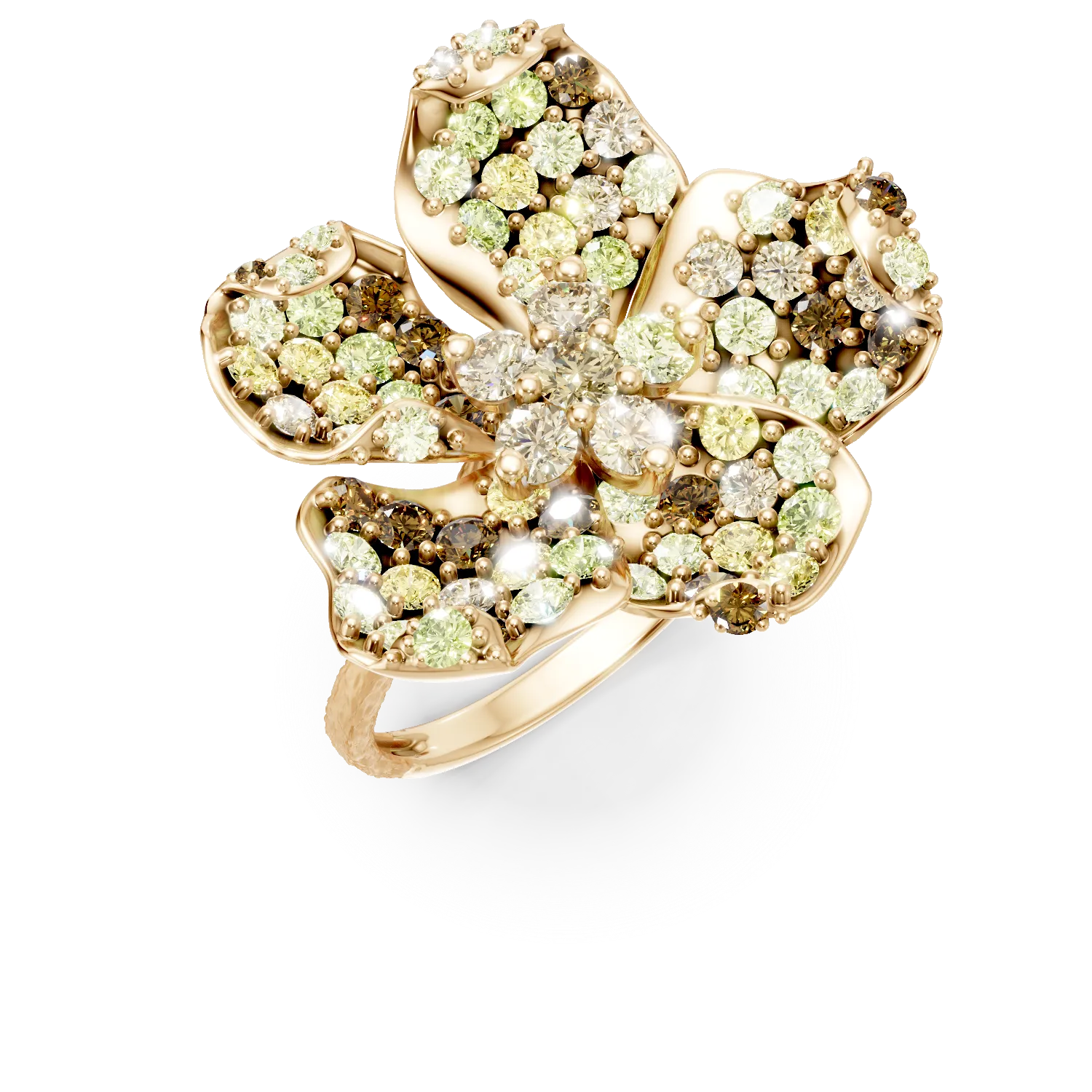 Pierścionek kwiatowy z żółtego złota z wielobarwnymi diamentami o masie 2.6ct